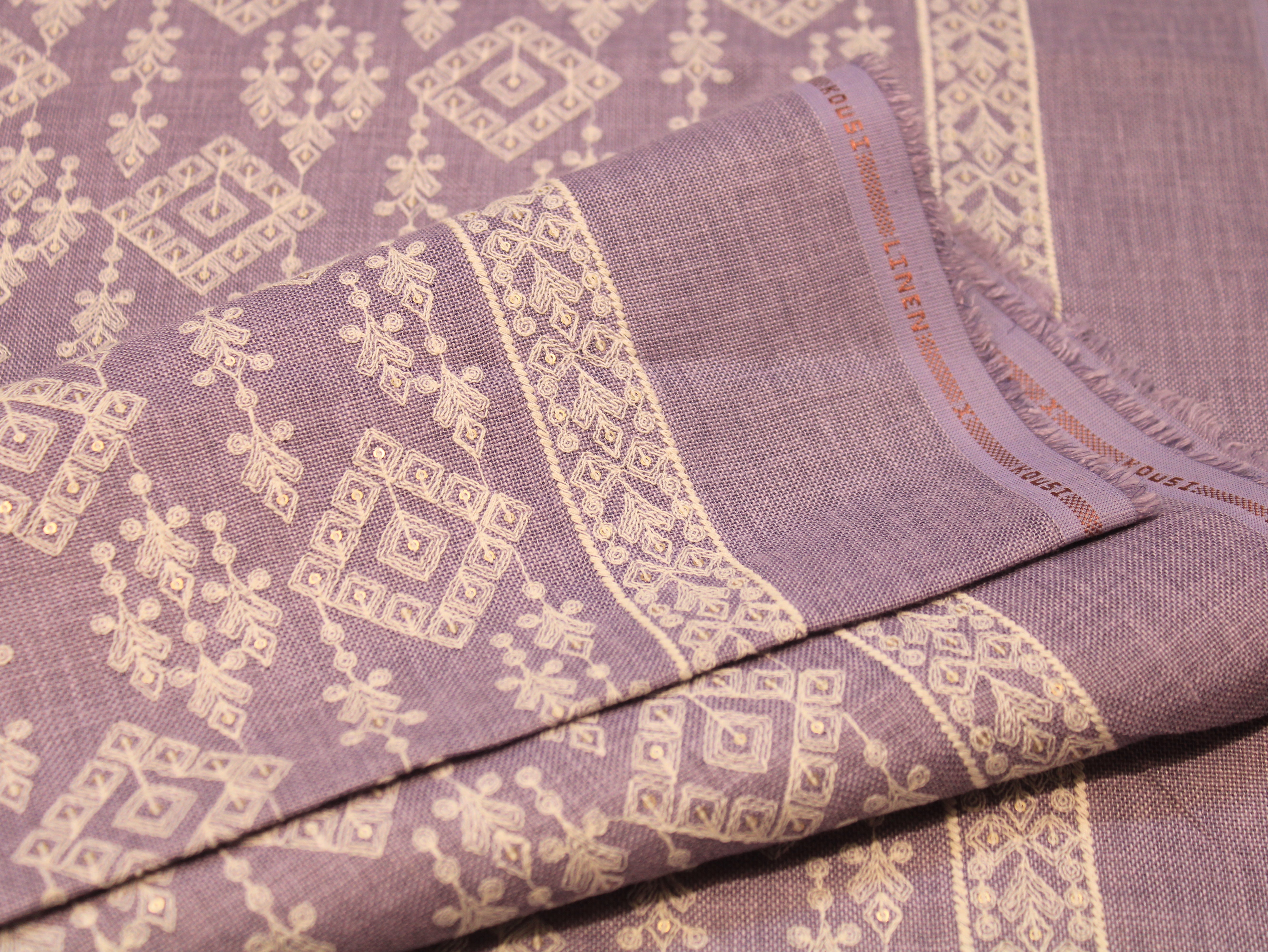 Cotton Linen Texture Fabric with Zari & Thread Embroidery - Purple