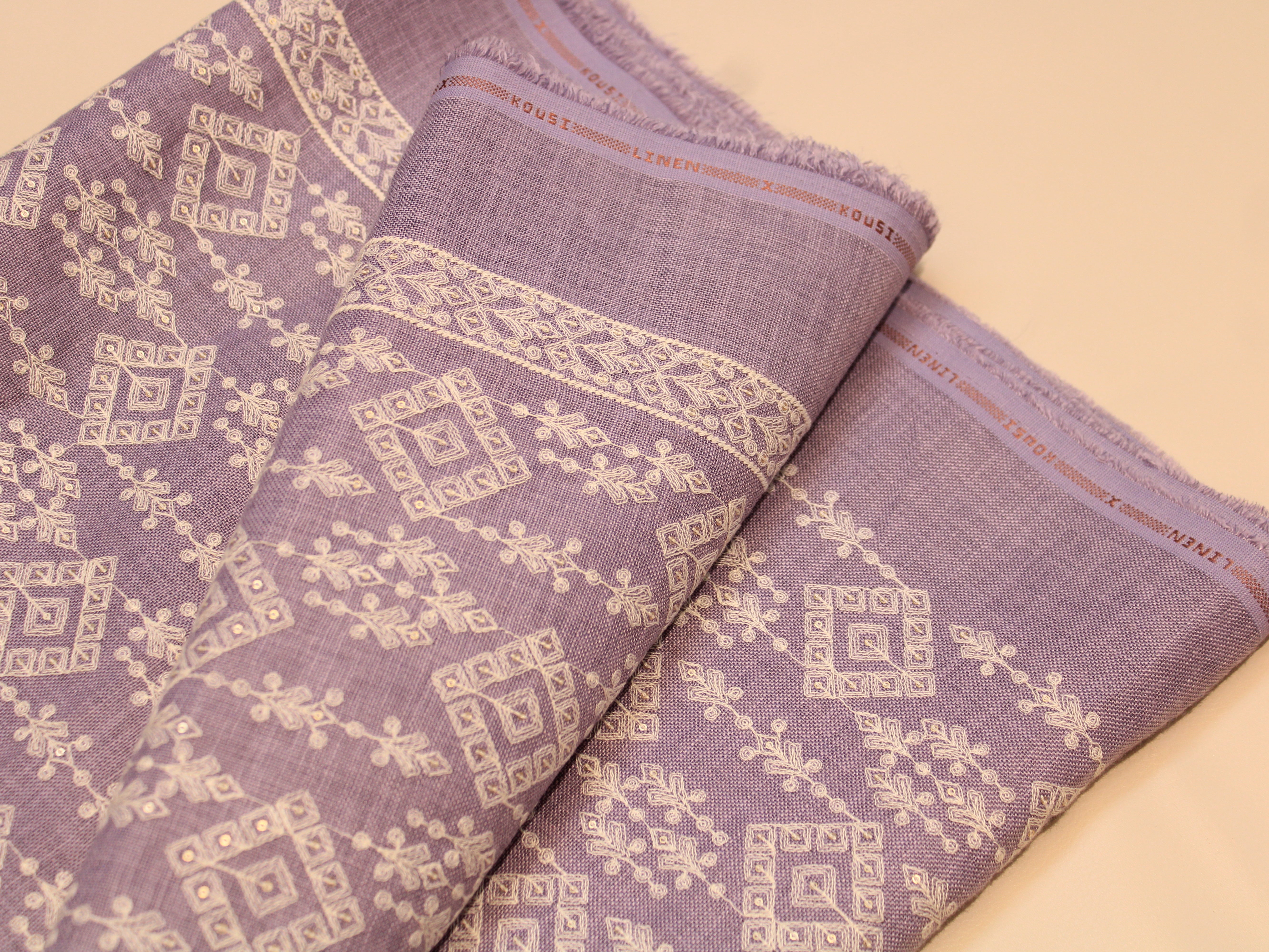 Cotton Linen Texture Fabric with Zari & Thread Embroidery - Purple