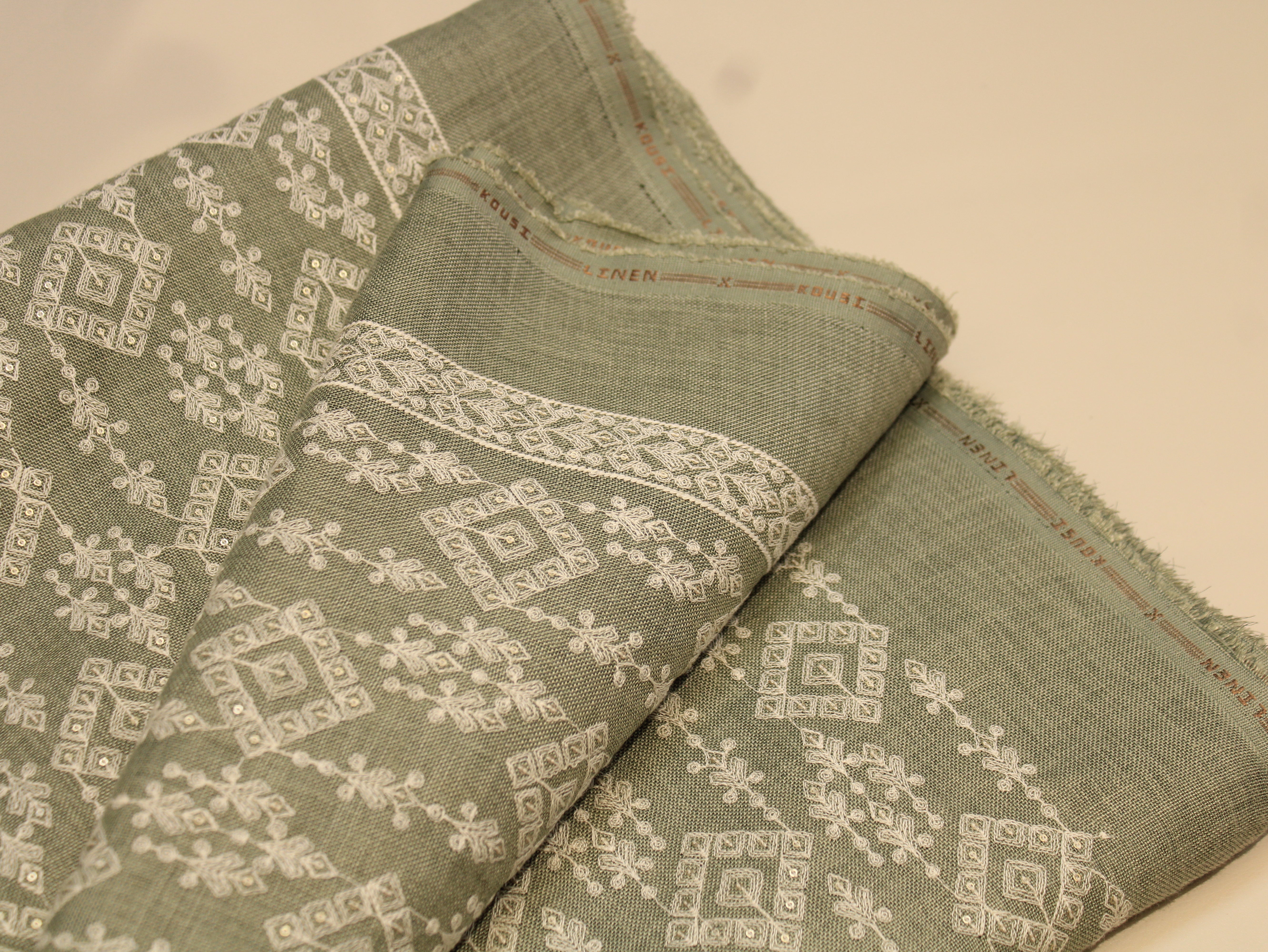 Cotton Linen Texture Fabric with Zari & Thread Embroidery - minty green