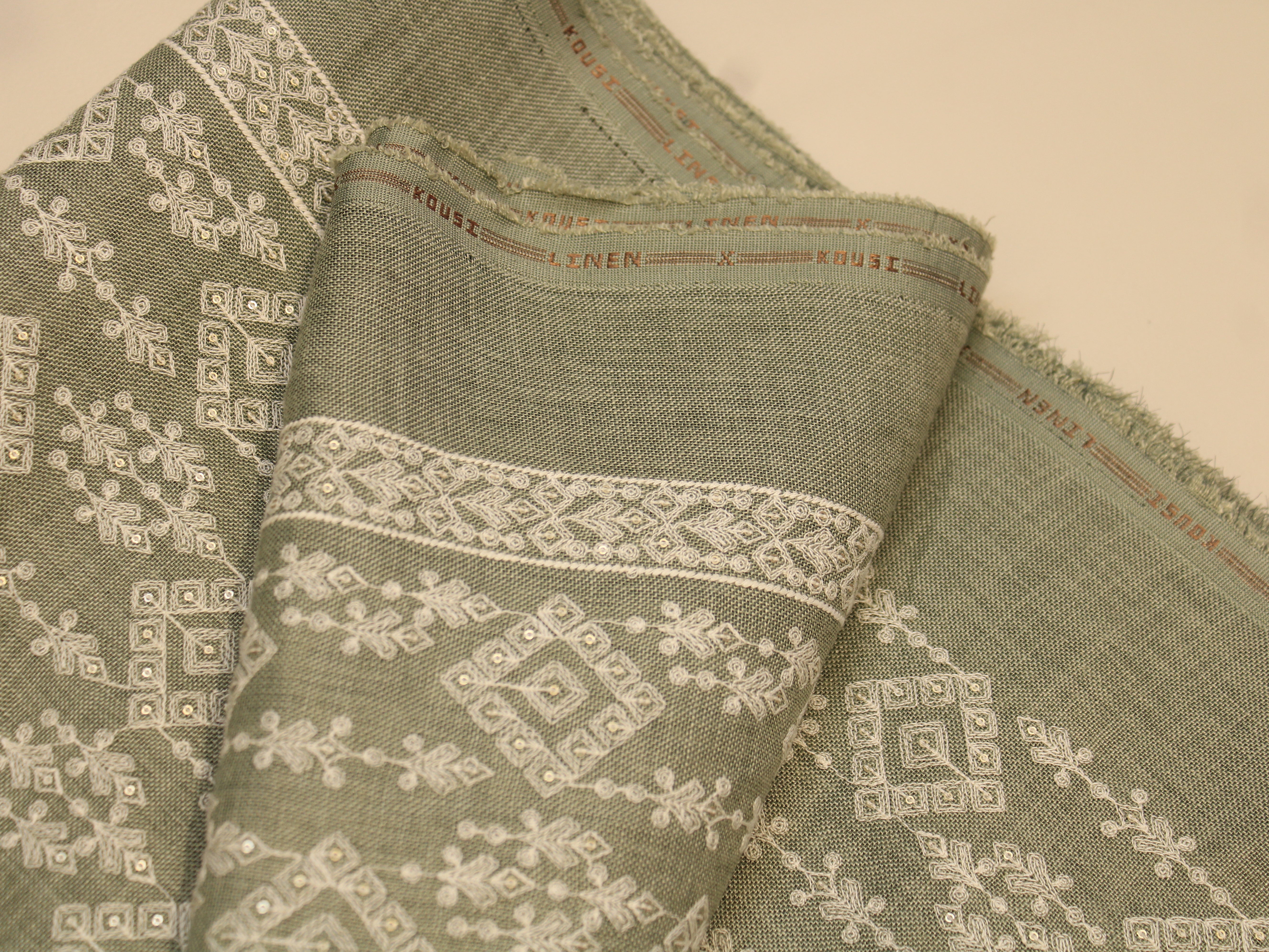 Cotton Linen Texture Fabric with Zari & Thread Embroidery - minty green