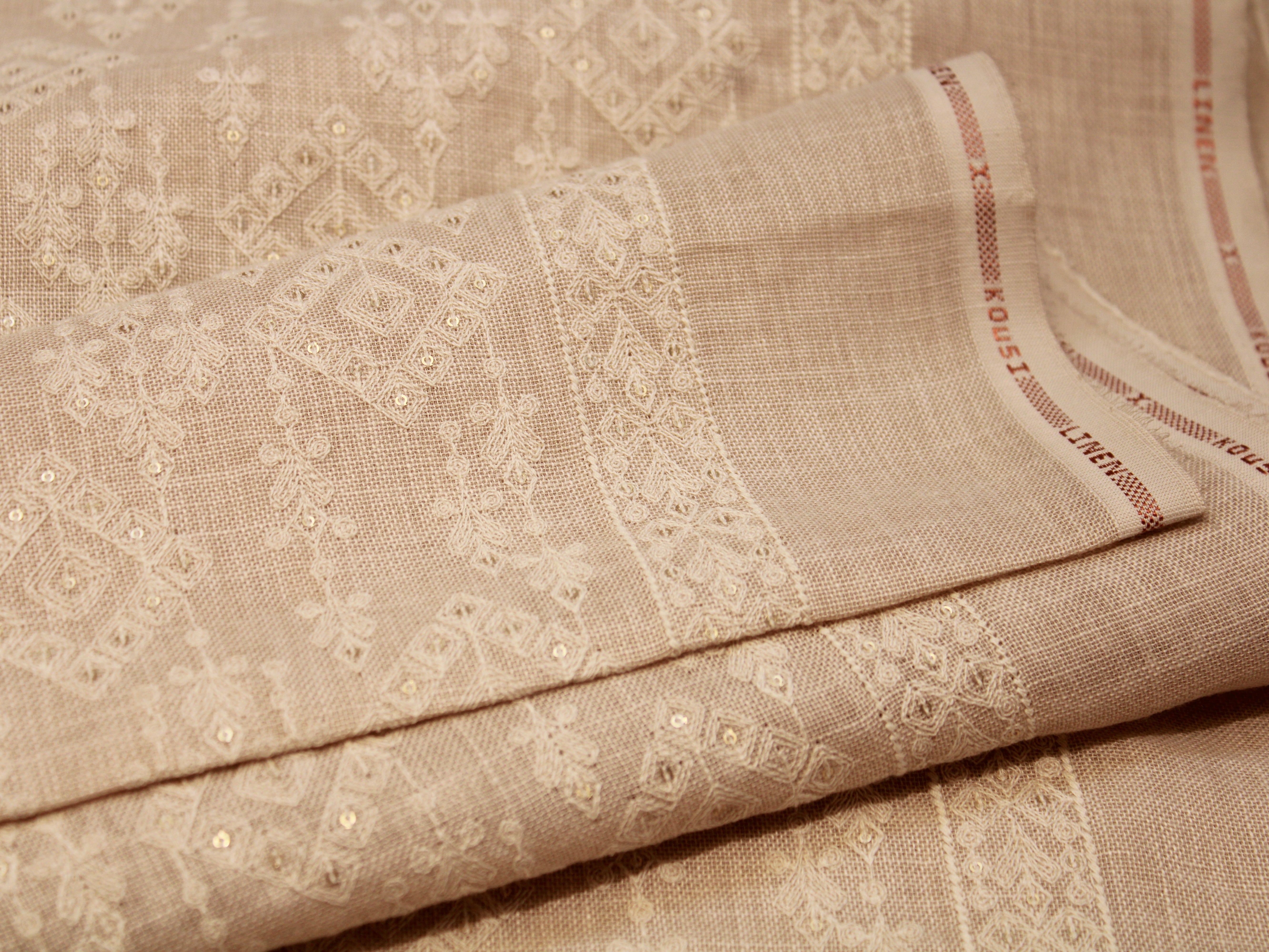 Cotton Linen Texture Fabric with Zari & Thread Embroidery - Beige