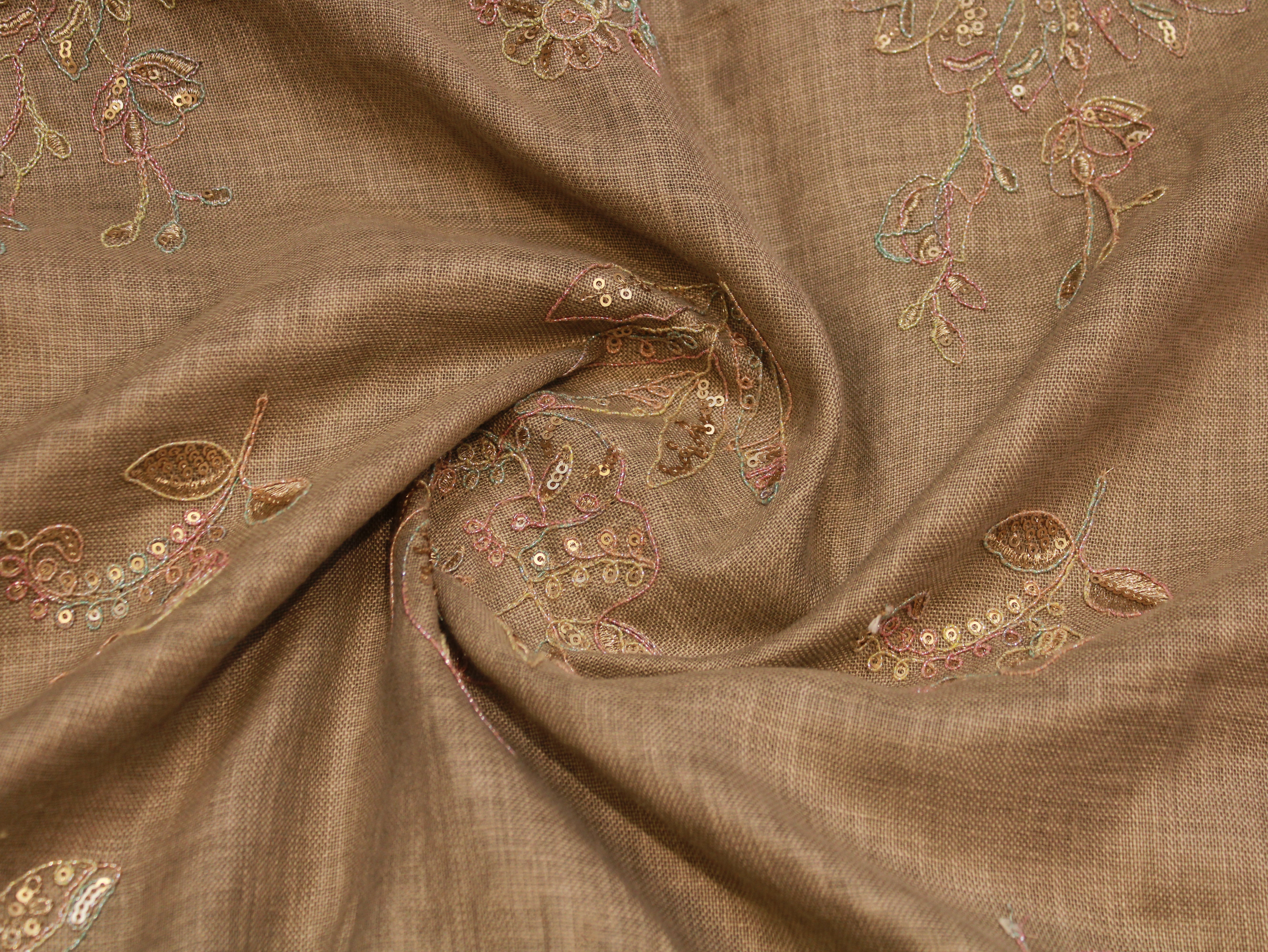 Cotton Linen Texture Fabric with Zari & Thread Embroidery - Taupe brown