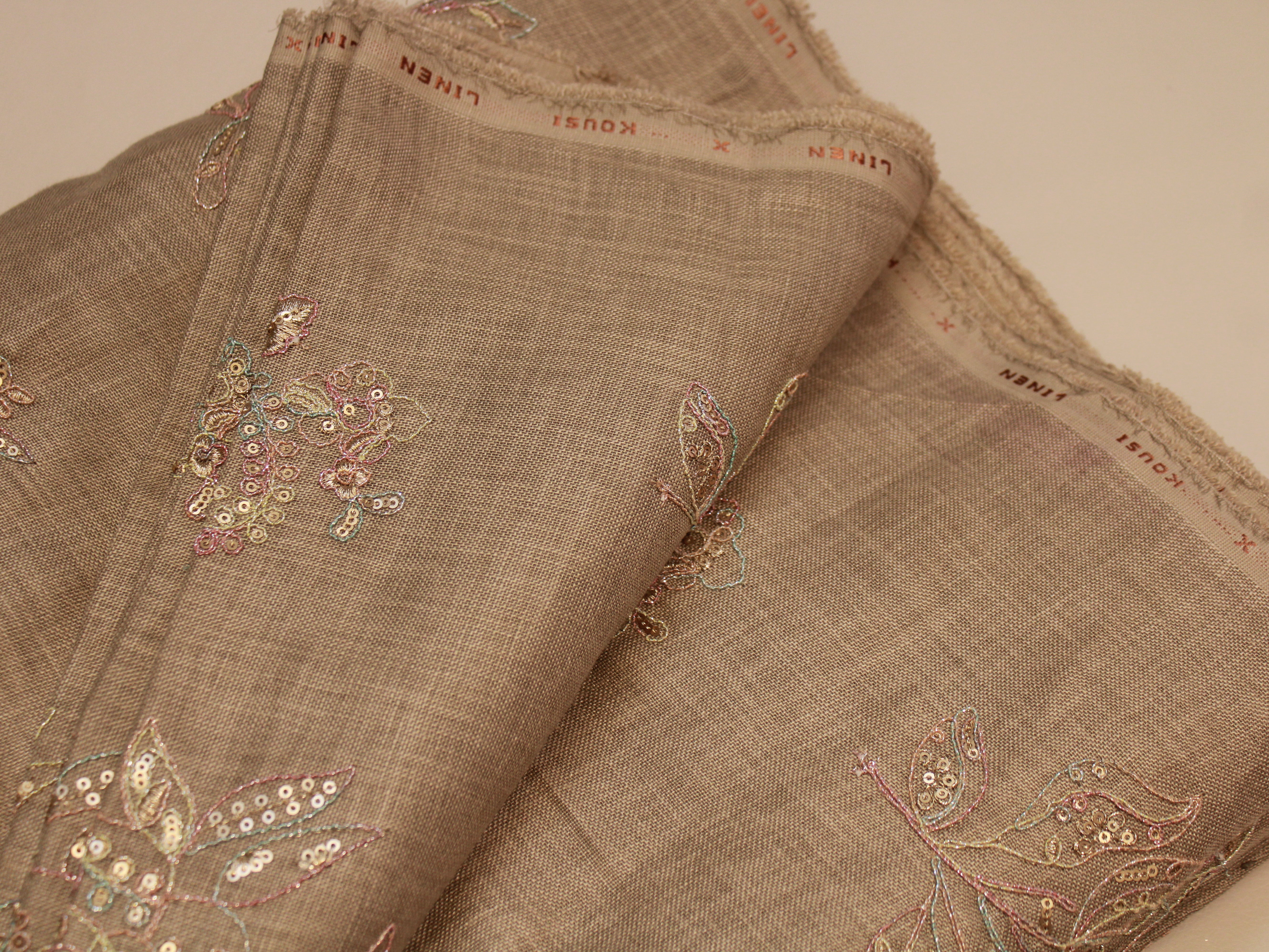 Cotton Linen Texture Fabric with Zari & Thread Embroidery - Taupe brown