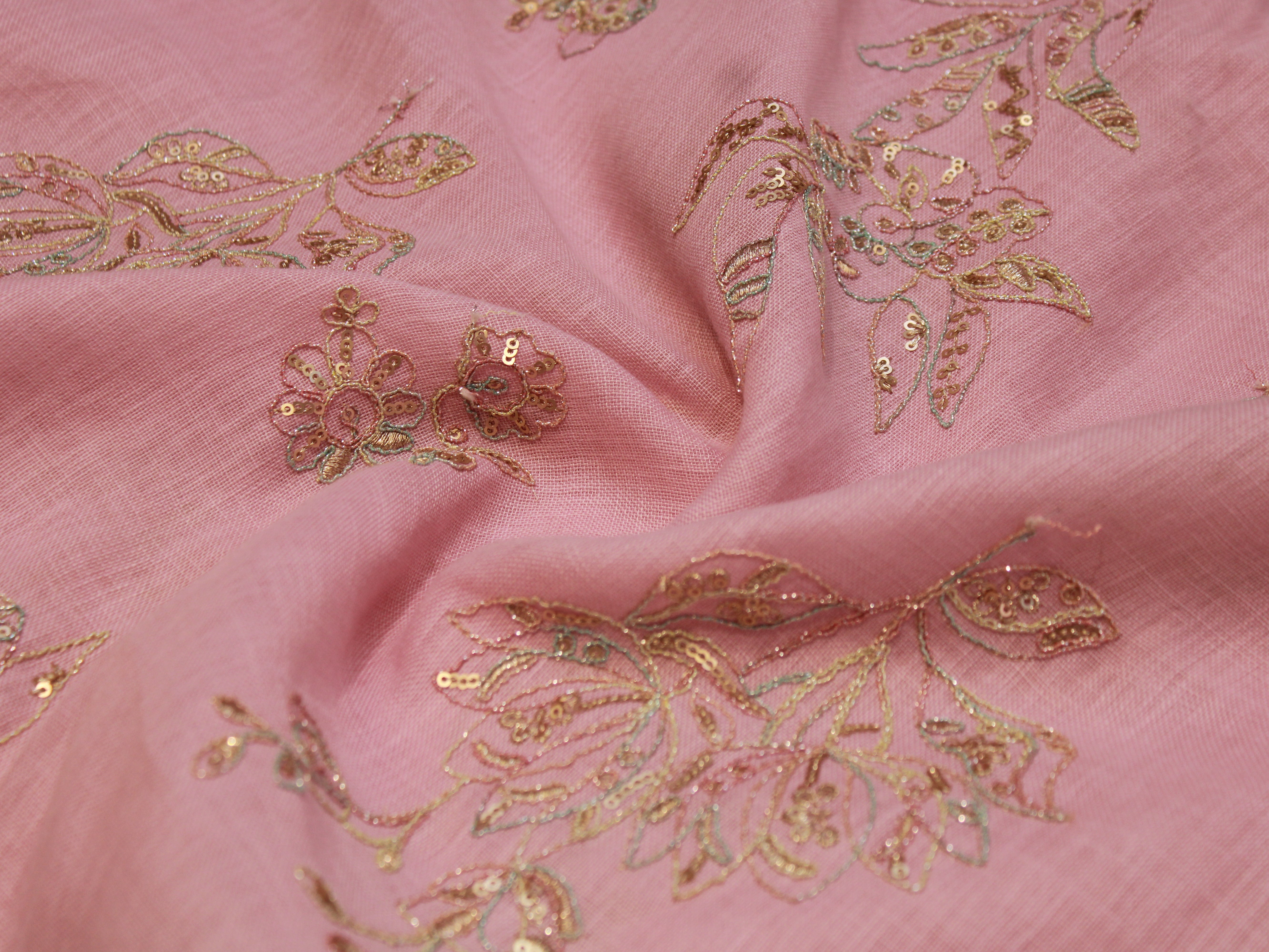 Cotton Linen Texture Fabric with Zari & Thread Embroidery - Light Pink