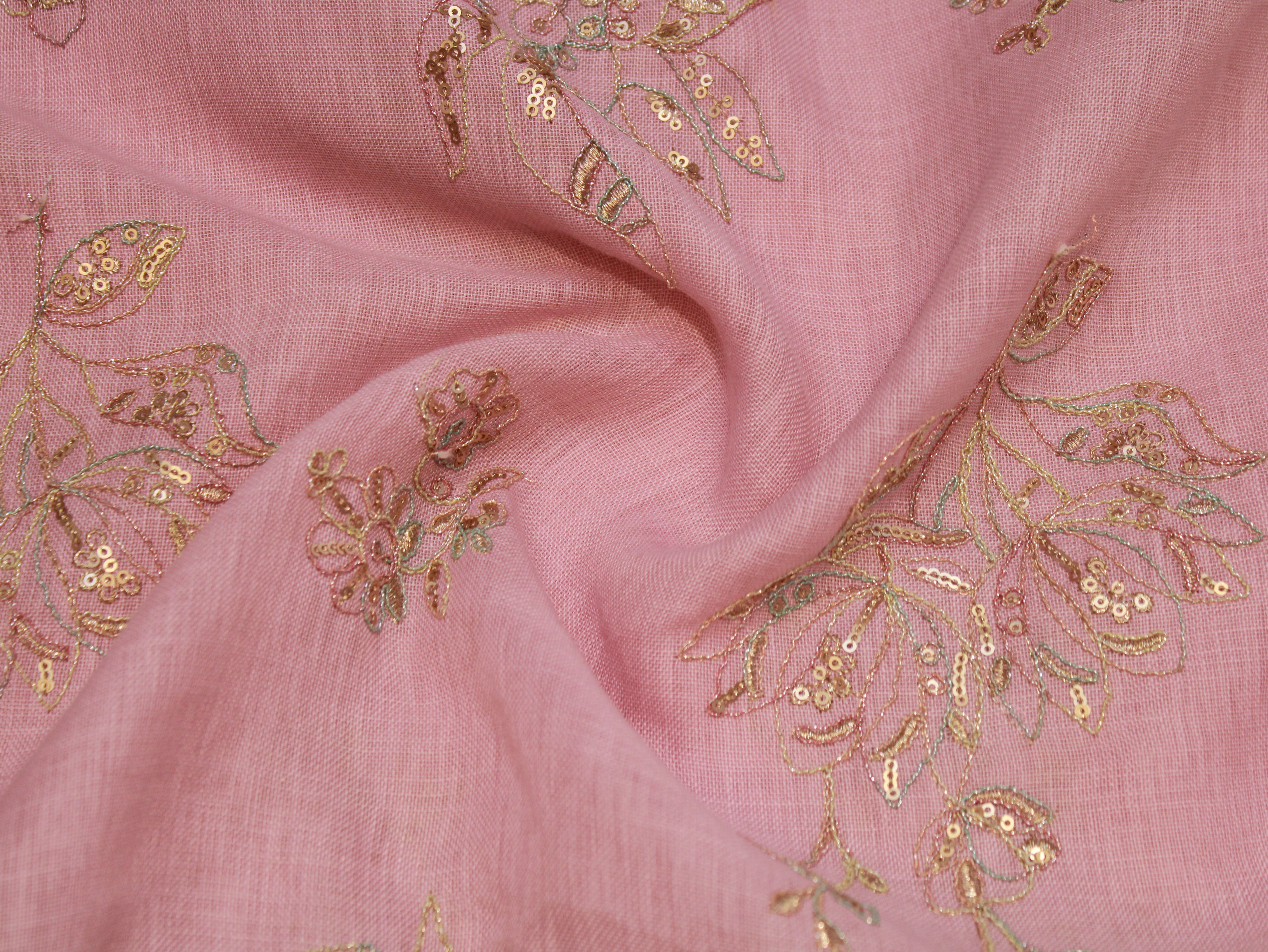 Cotton Linen Texture Fabric with Zari & Thread Embroidery - Light Pink
