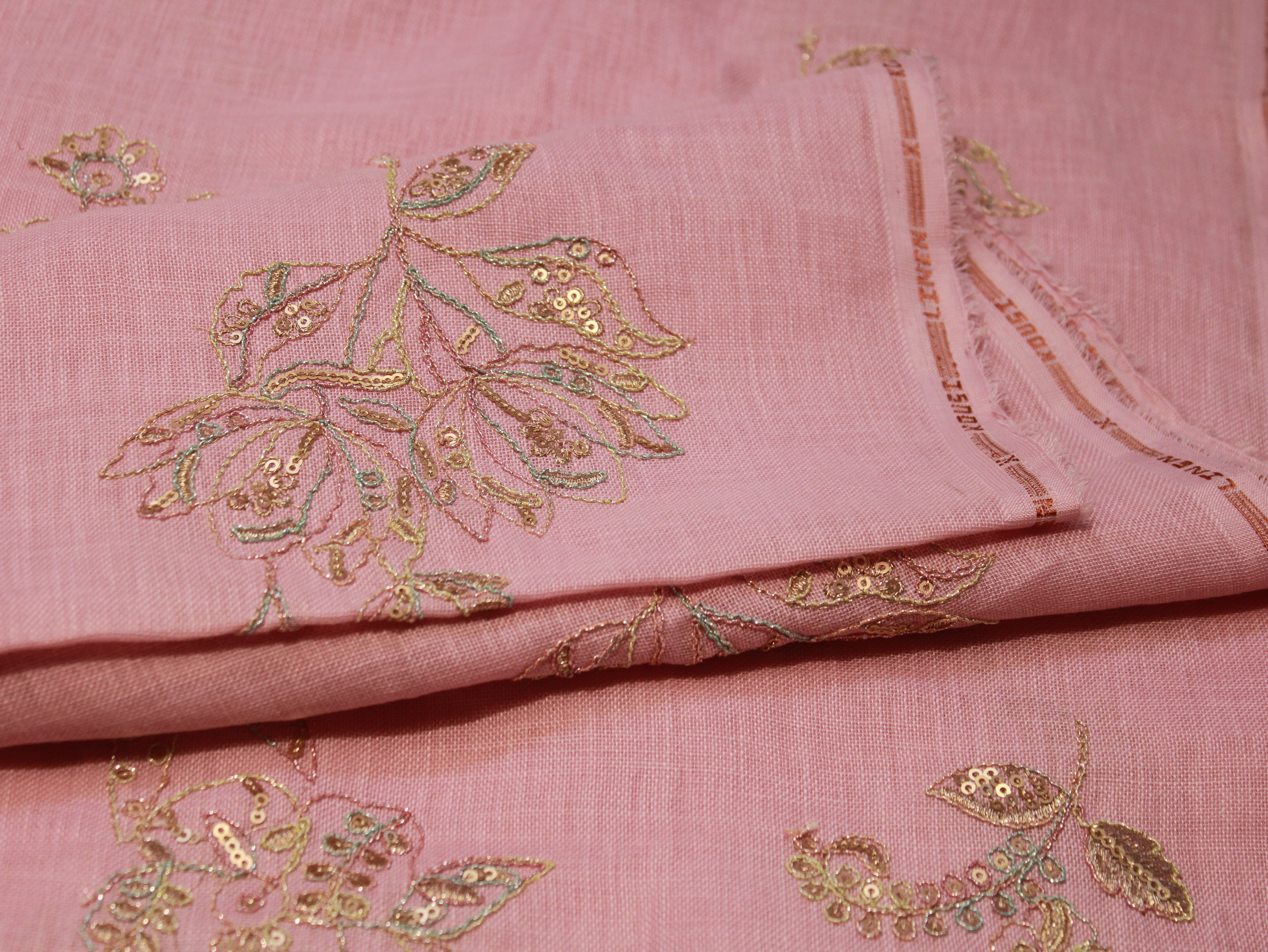 Cotton Linen Texture Fabric with Zari & Thread Embroidery - Light Pink