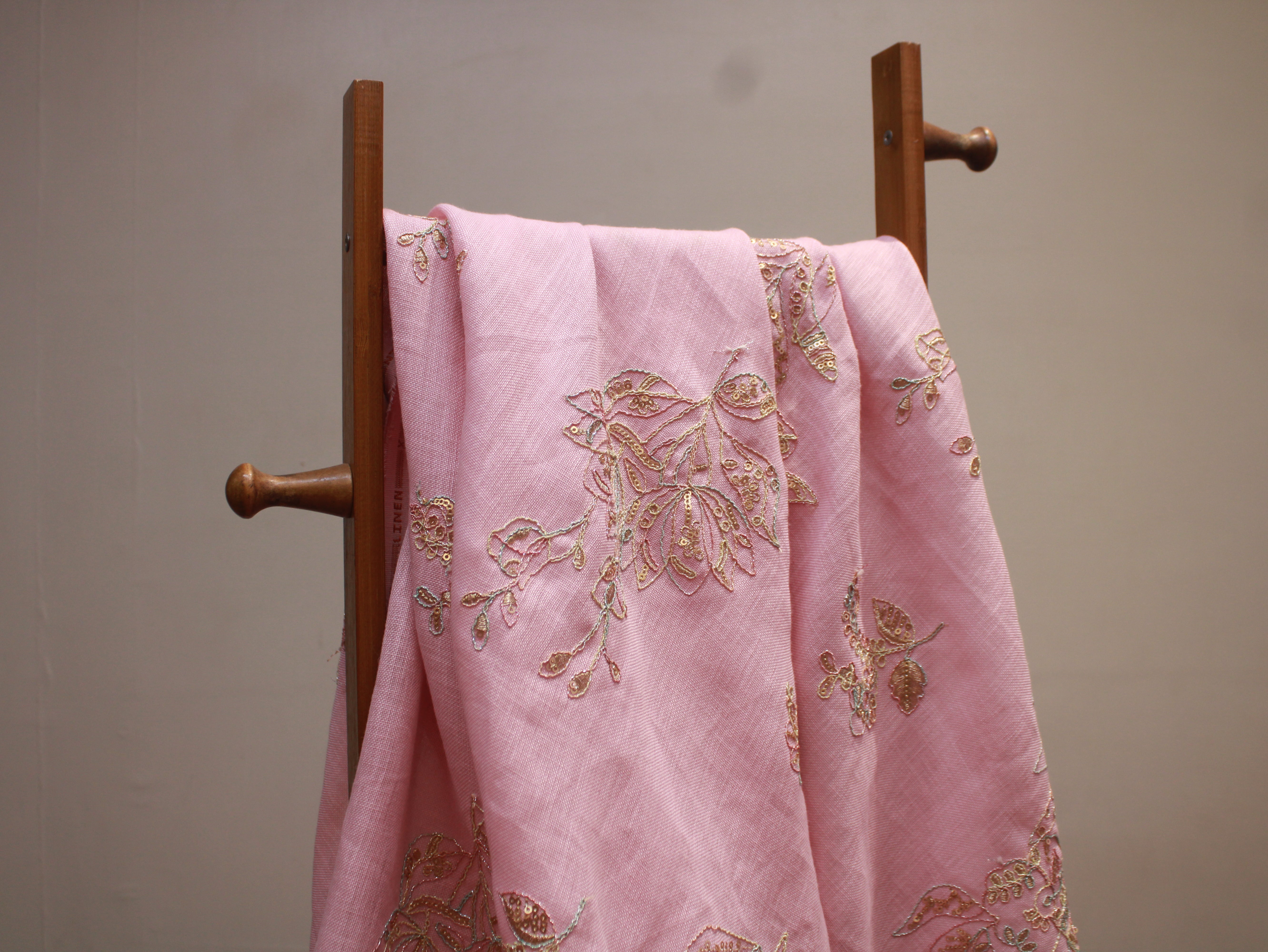 Cotton Linen Texture Fabric with Zari & Thread Embroidery - Light Pink