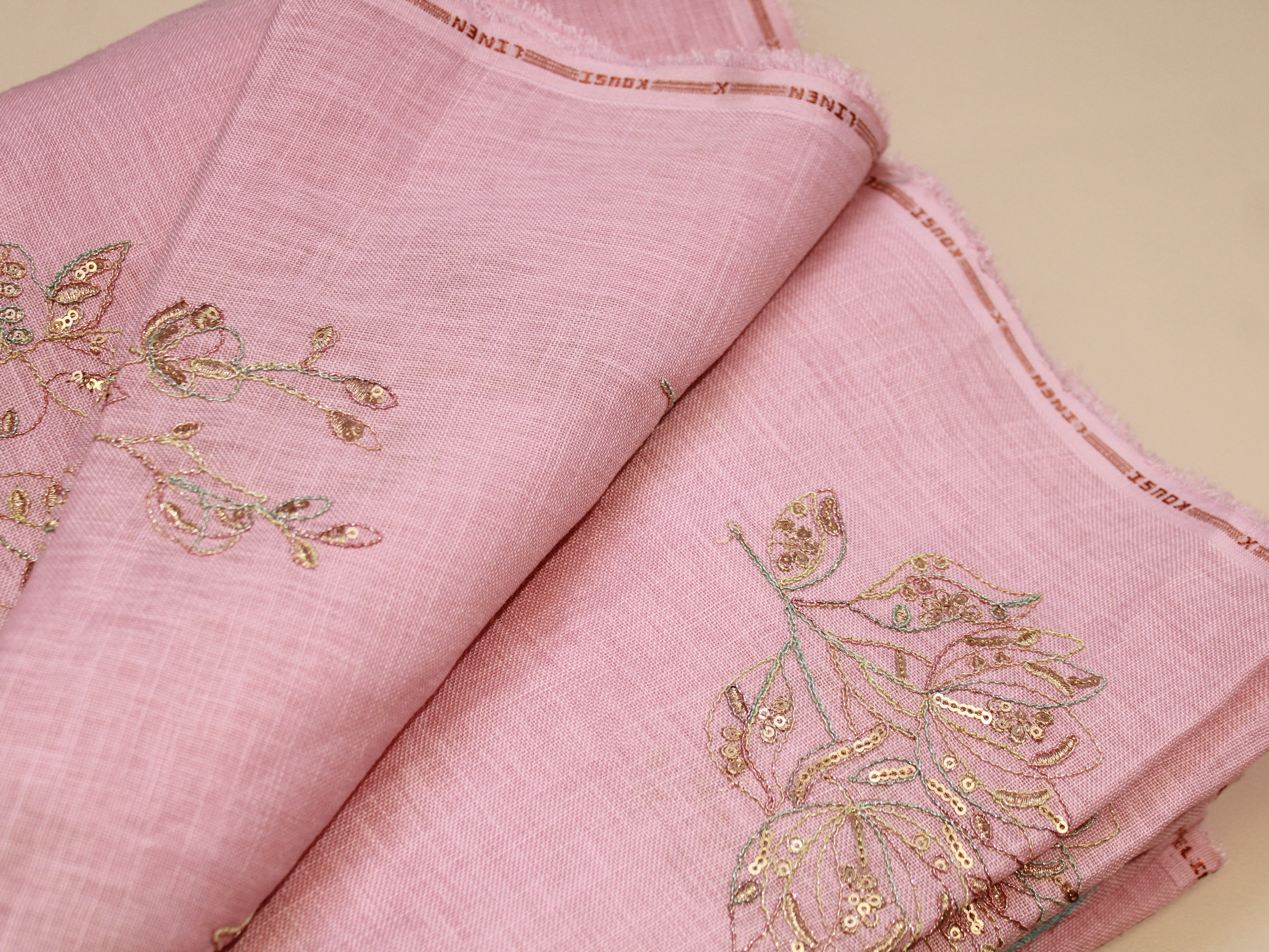 Cotton Linen Texture Fabric with Zari & Thread Embroidery - Light Pink