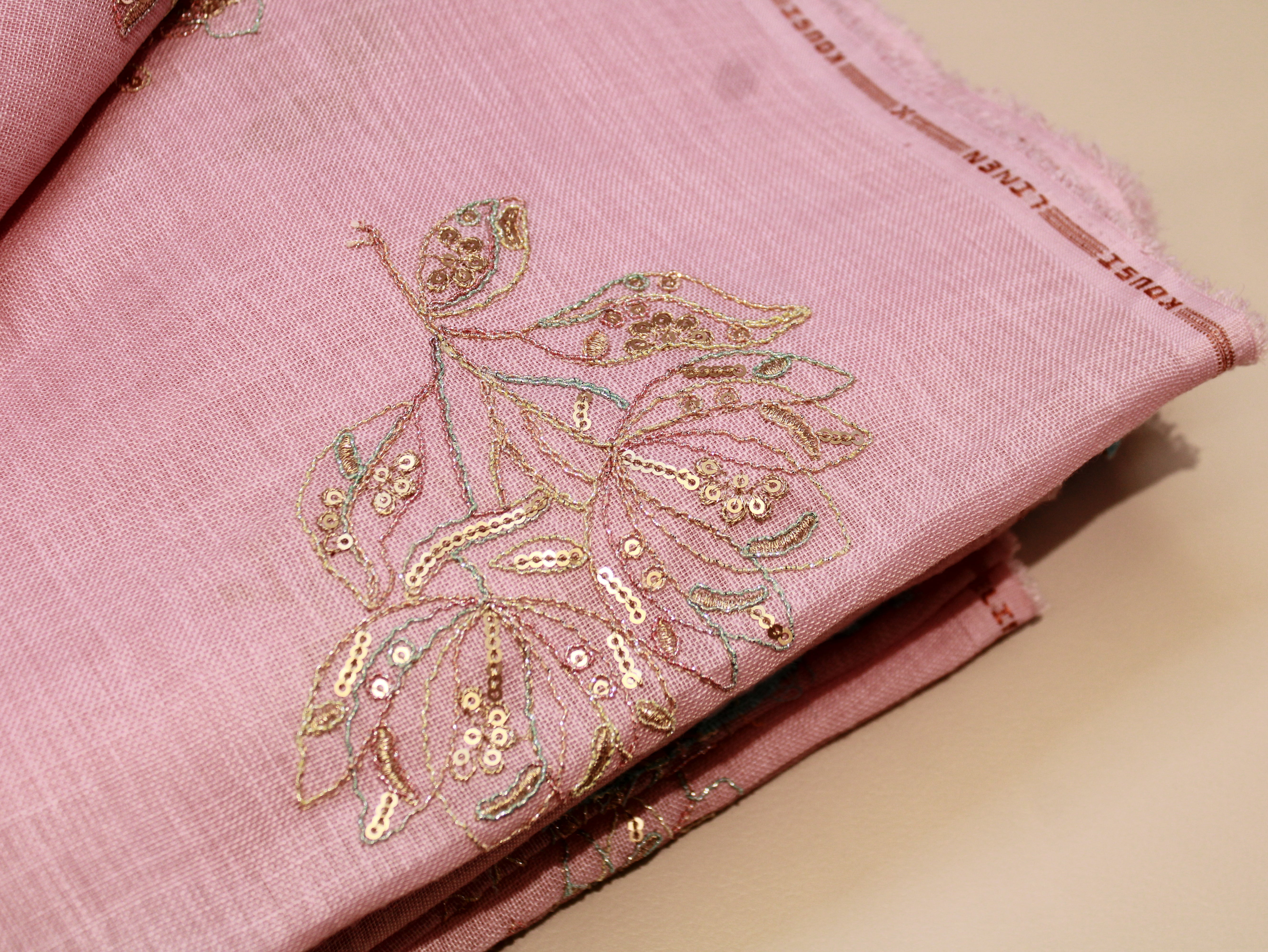 Cotton Linen Texture Fabric with Zari & Thread Embroidery - Light Pink