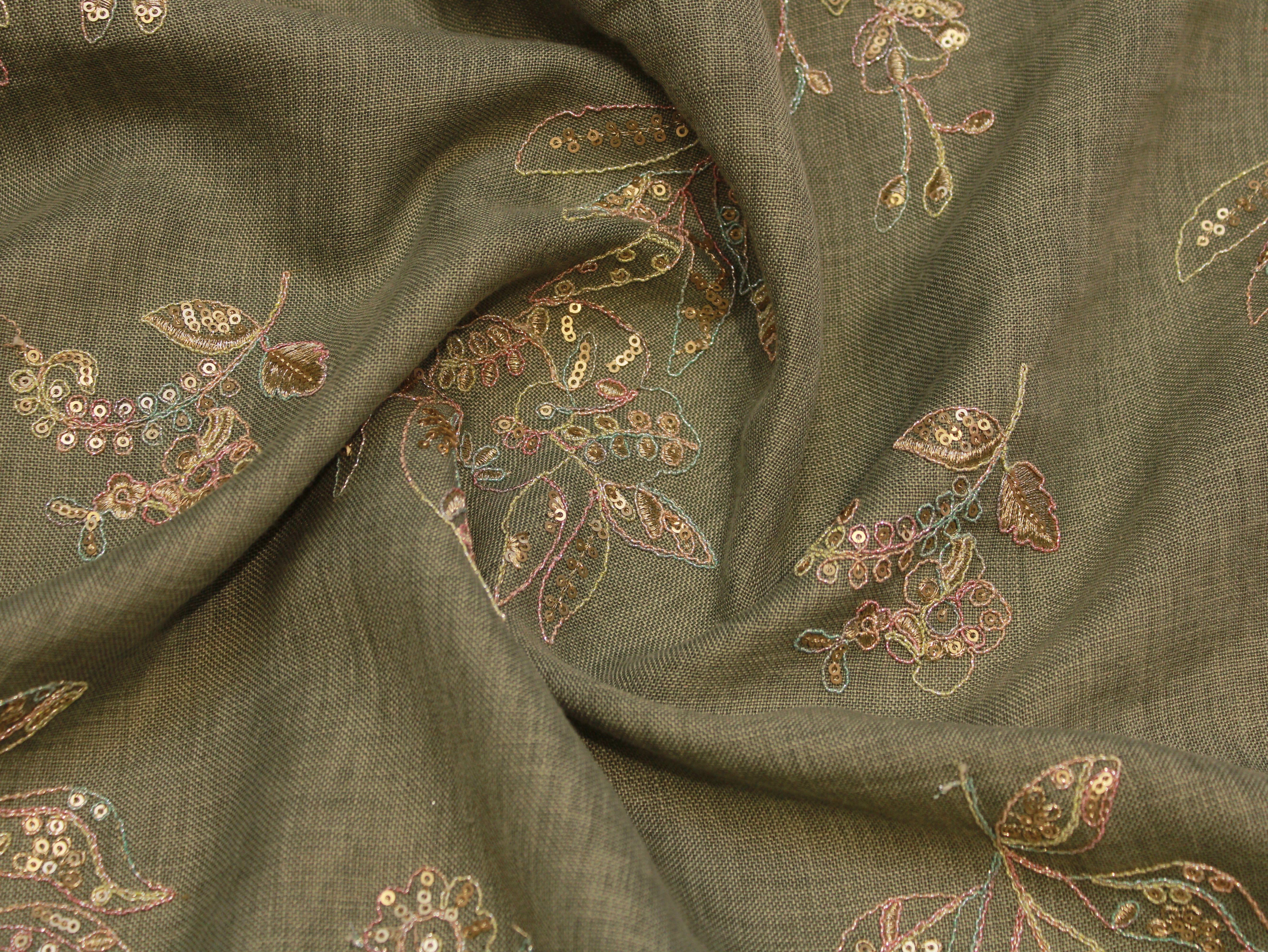 Cotton Linen Texture Fabric with Zari & Thread Embroidery - Sage Green