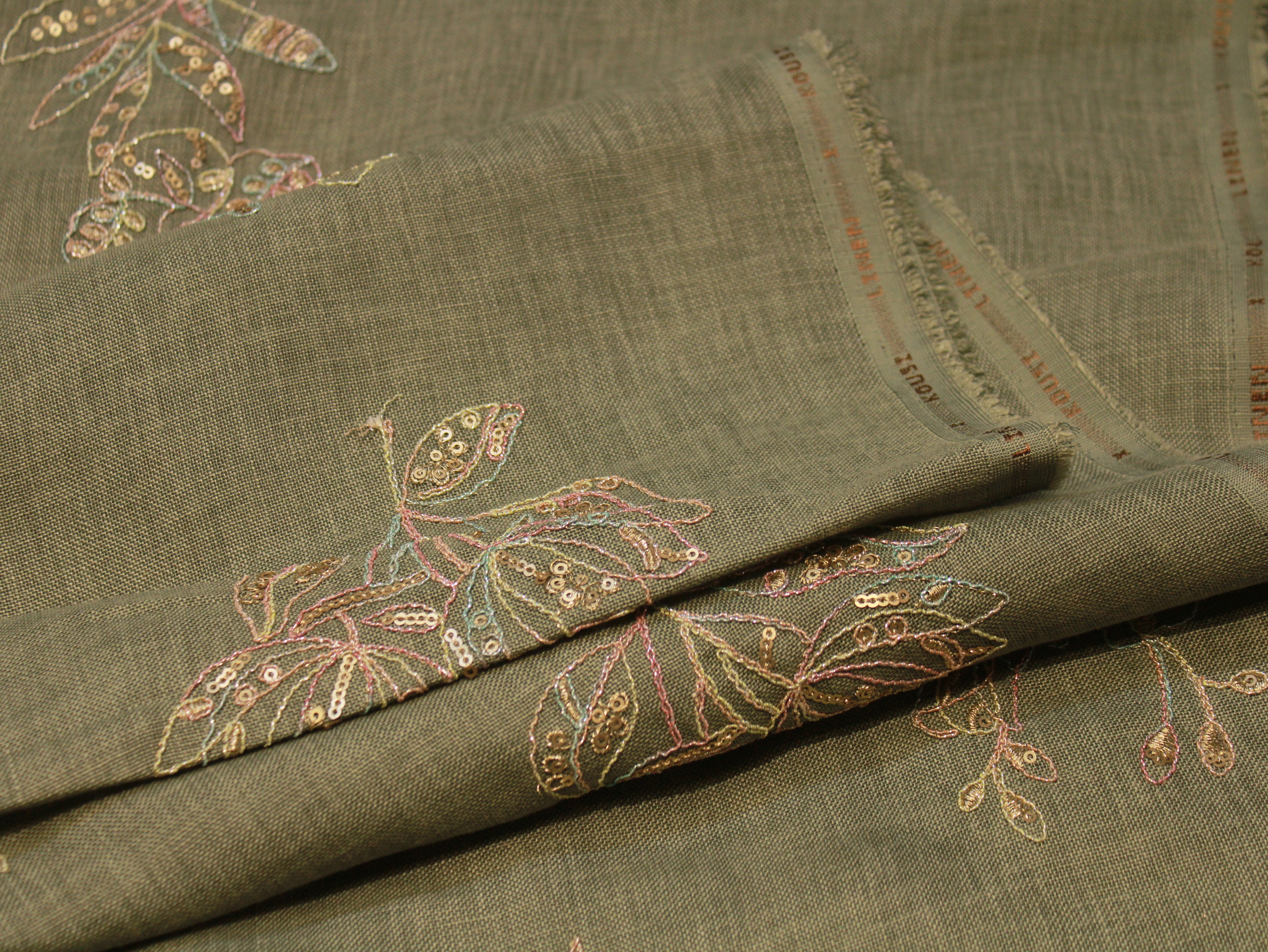 Cotton Linen Texture Fabric with Zari & Thread Embroidery - Sage Green