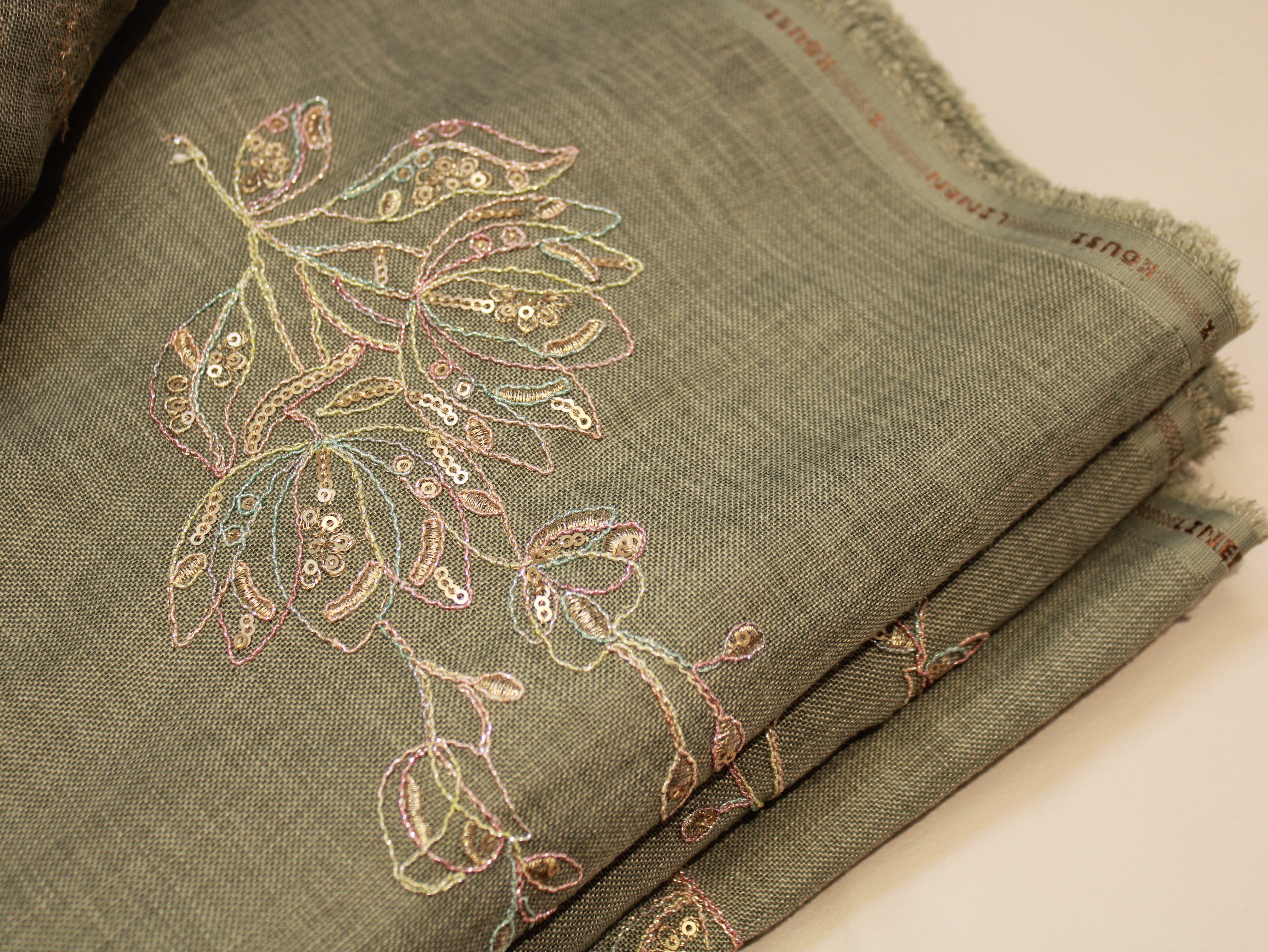 Cotton Linen Texture Fabric with Zari & Thread Embroidery - Sage Green