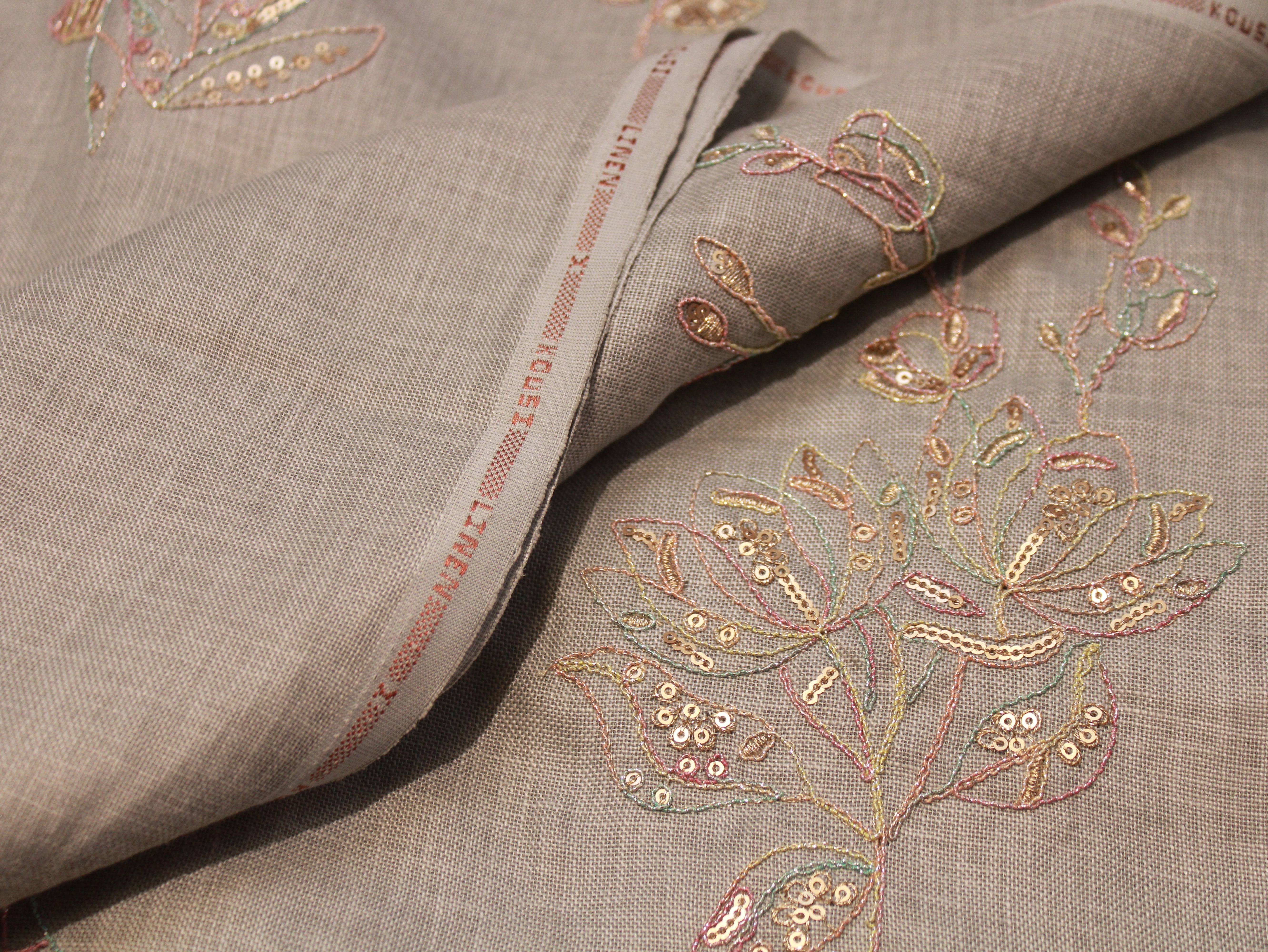 Cotton Linen Texture Fabric with Zari & Thread Embroidery - Light Grey