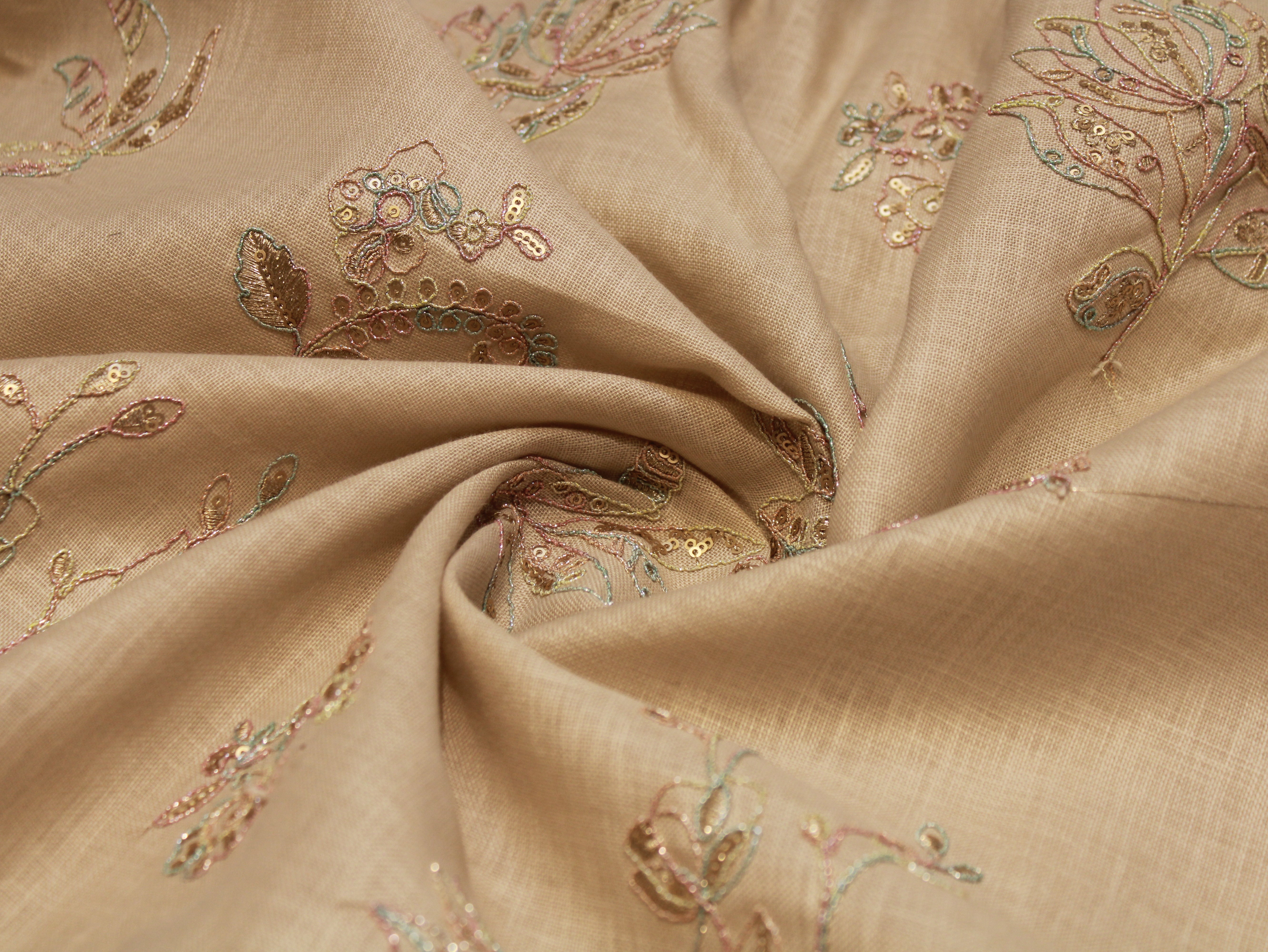 Cotton Linen Texture Fabric with Zari & Thread Embroidery - Beige