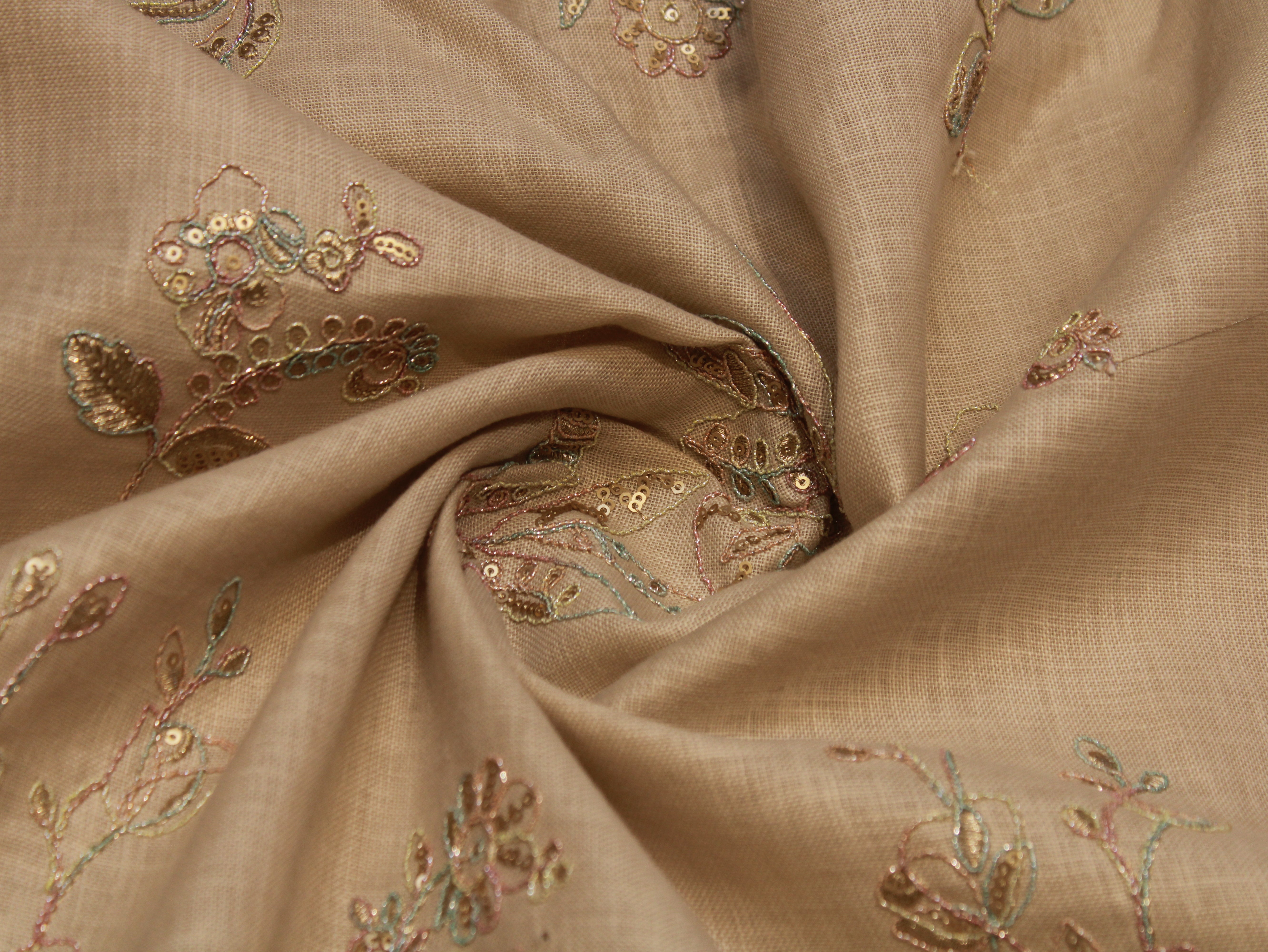Cotton Linen Texture Fabric with Zari & Thread Embroidery - Beige