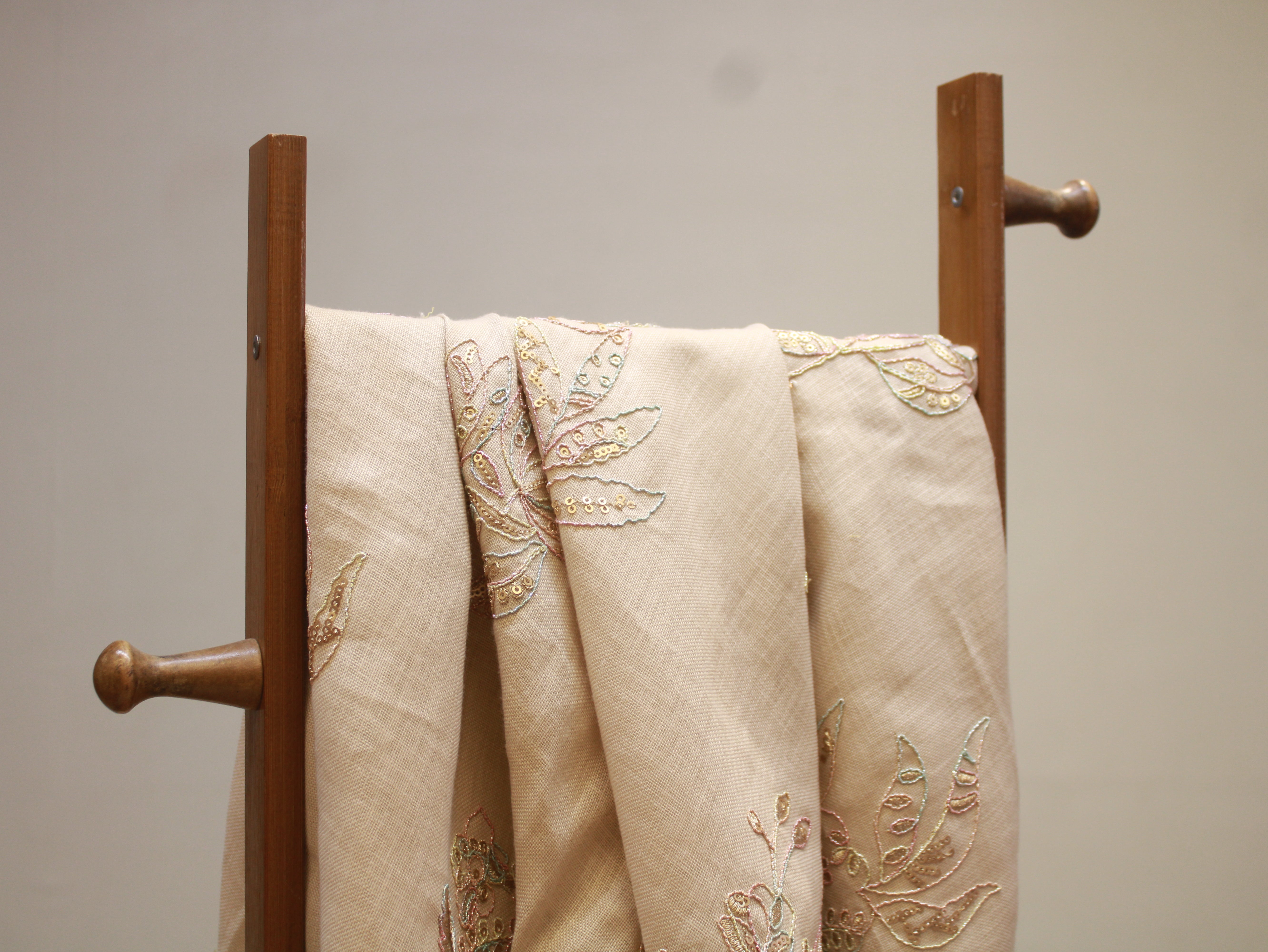 Cotton Linen Texture Fabric with Zari & Thread Embroidery - Beige