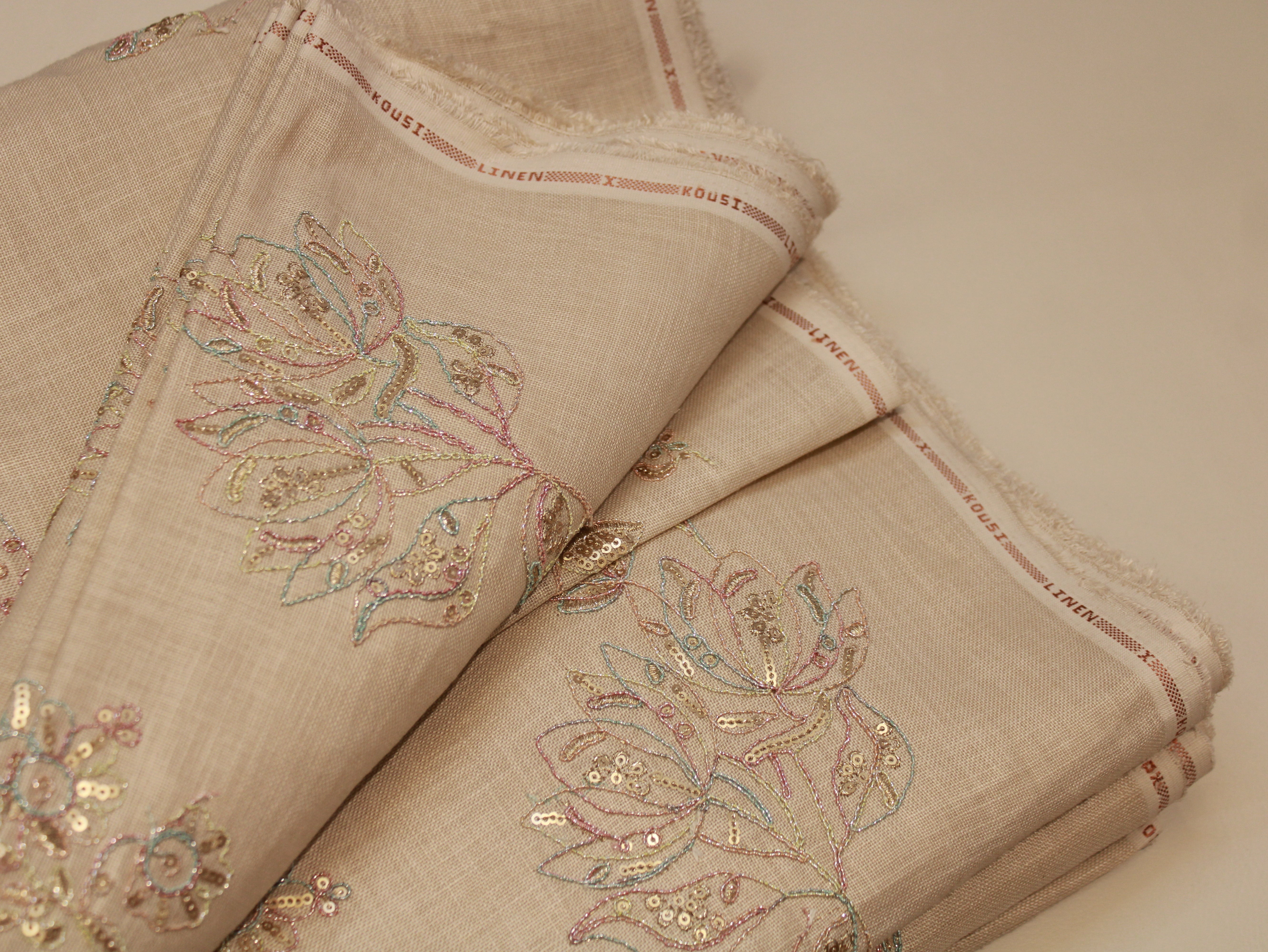 Cotton Linen Texture Fabric with Zari & Thread Embroidery - Beige