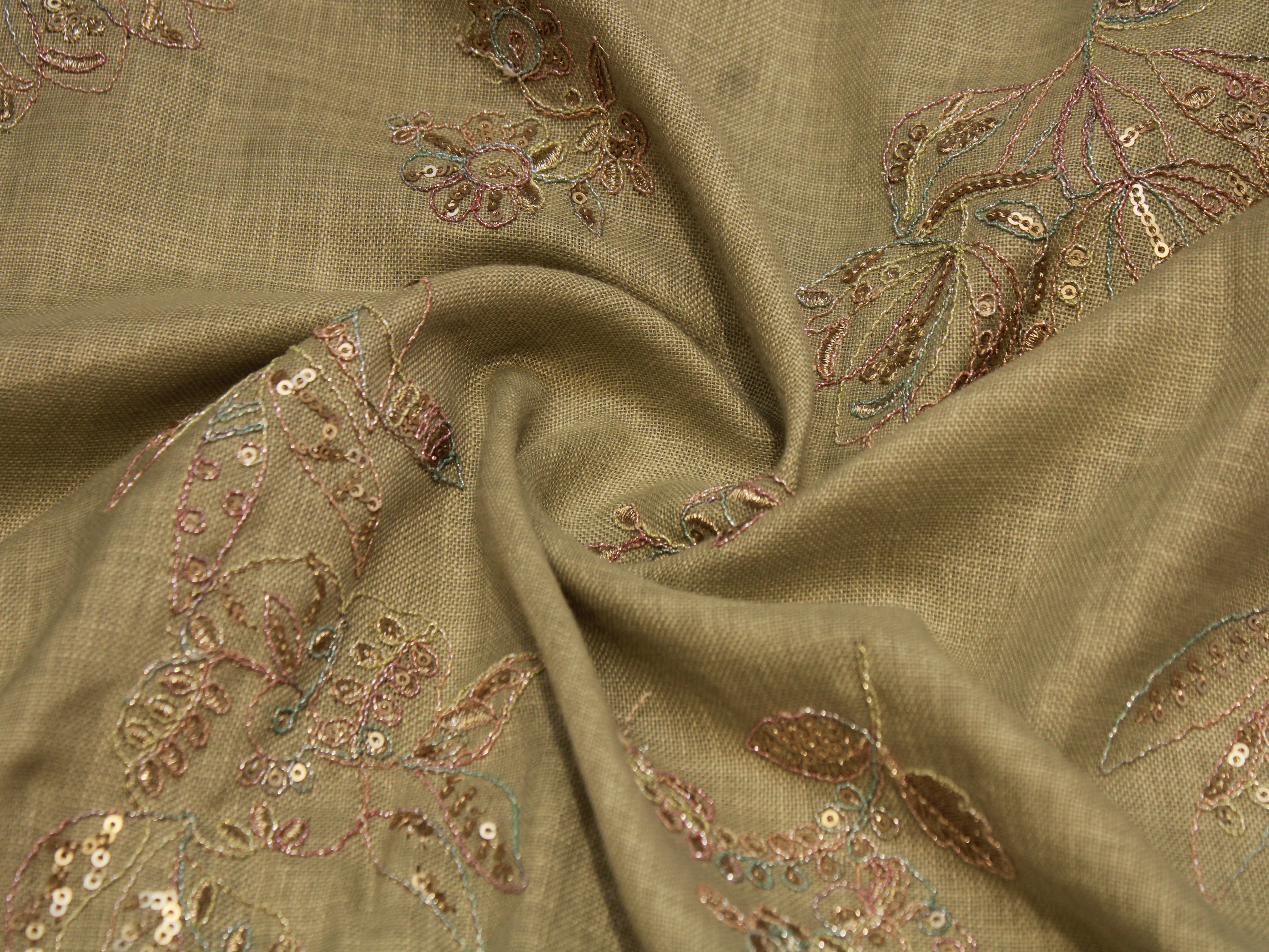 Cotton Linen Texture Fabric with Zari & Thread Embroidery - Pista Green
