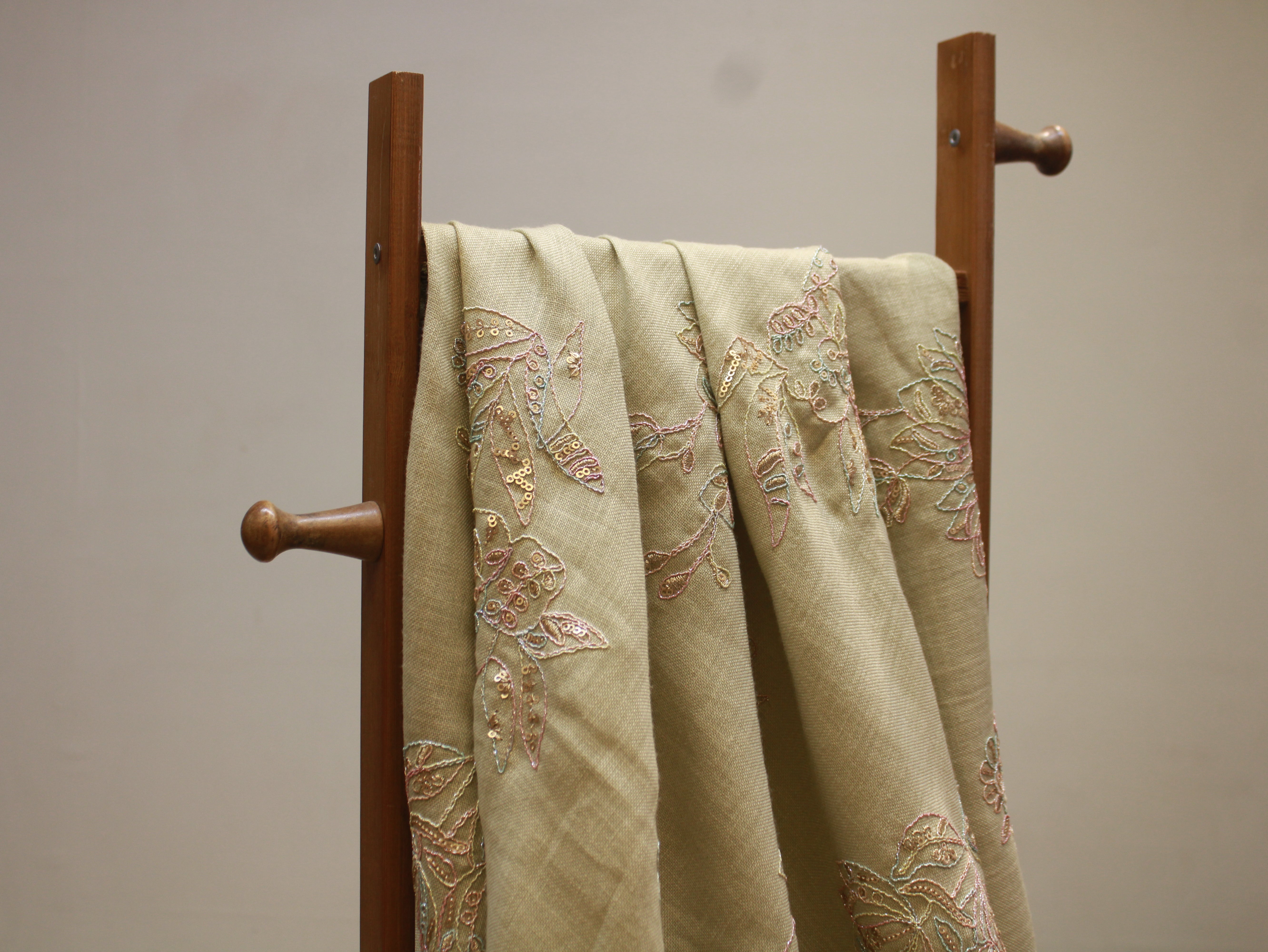 Cotton Linen Texture Fabric with Zari & Thread Embroidery - Pista Green