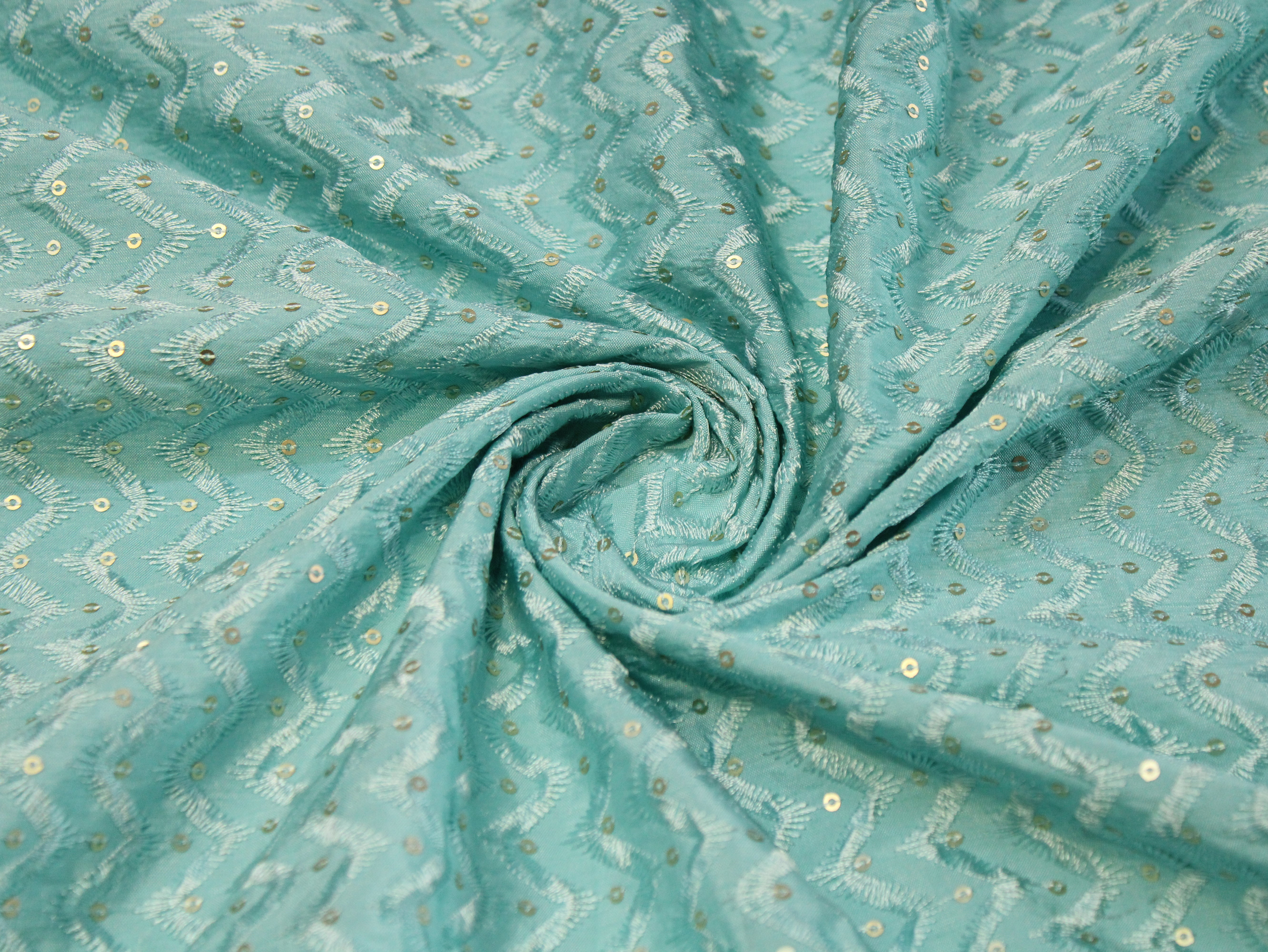 Roman Silk Thread & Sequin Embroidered Fabric - Light Blue