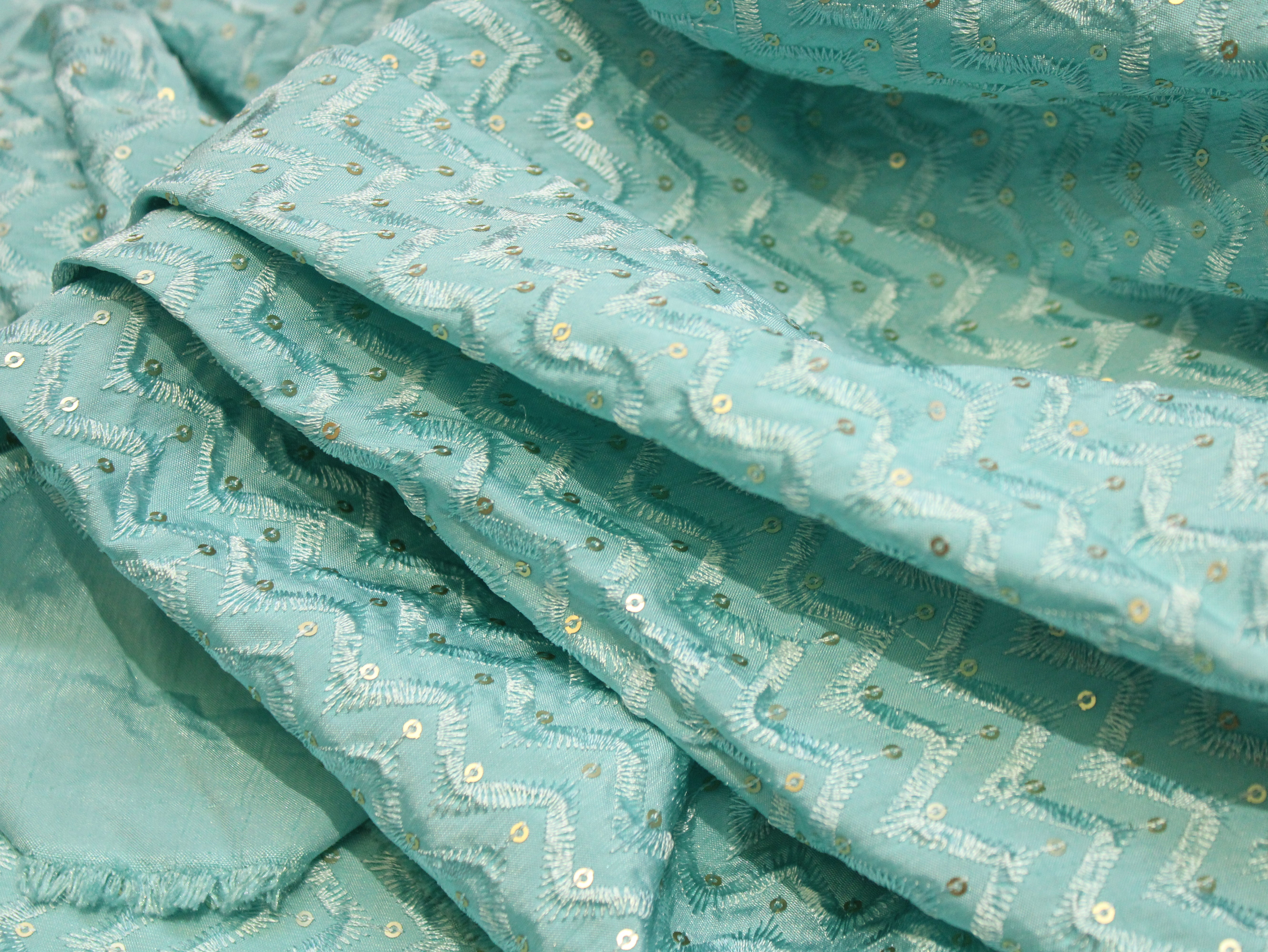 Roman Silk Thread & Sequin Embroidered Fabric - Light Blue