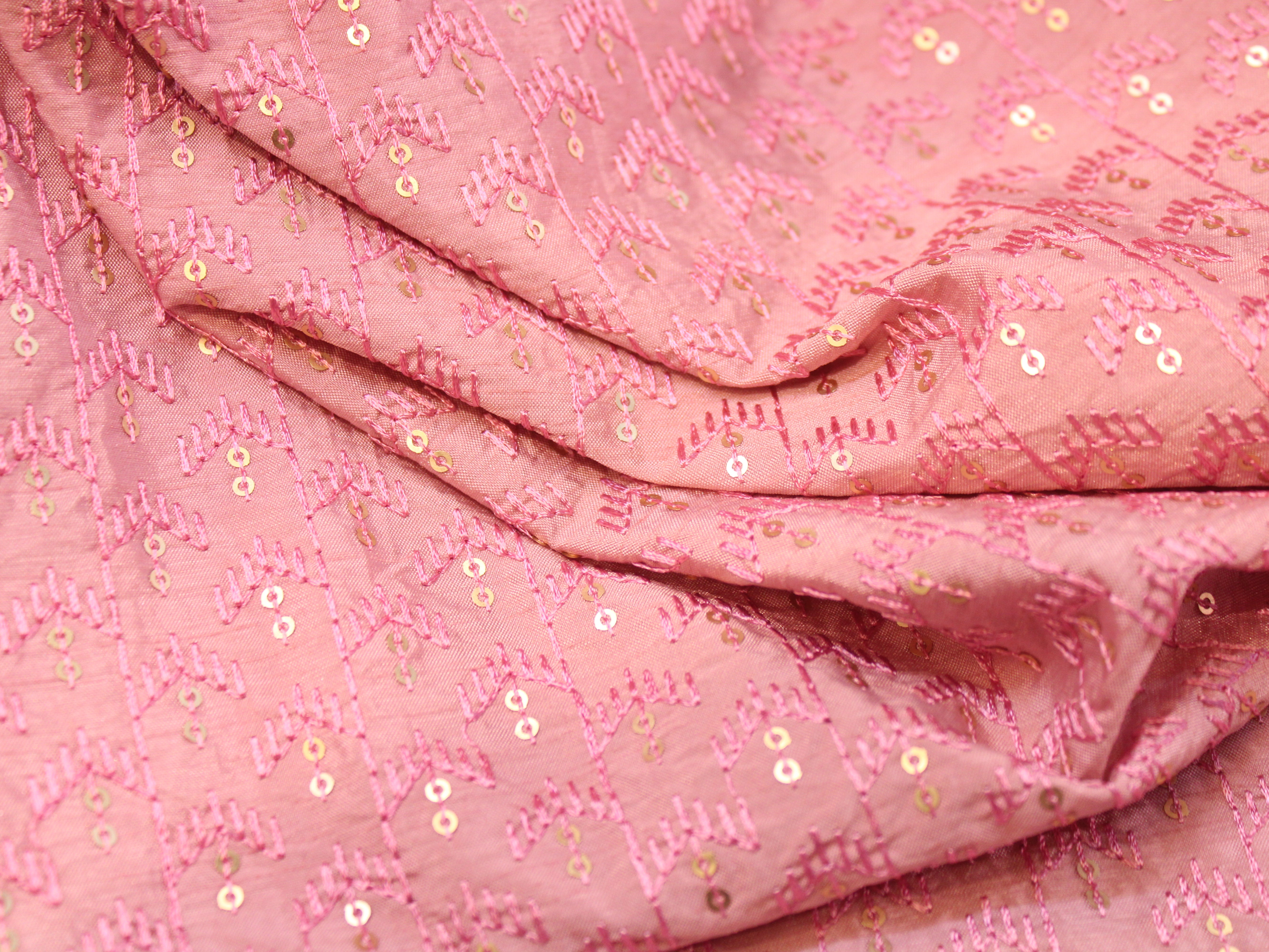 Roman Silk Thread & Sequin Embroidered Fabric - Light Pink