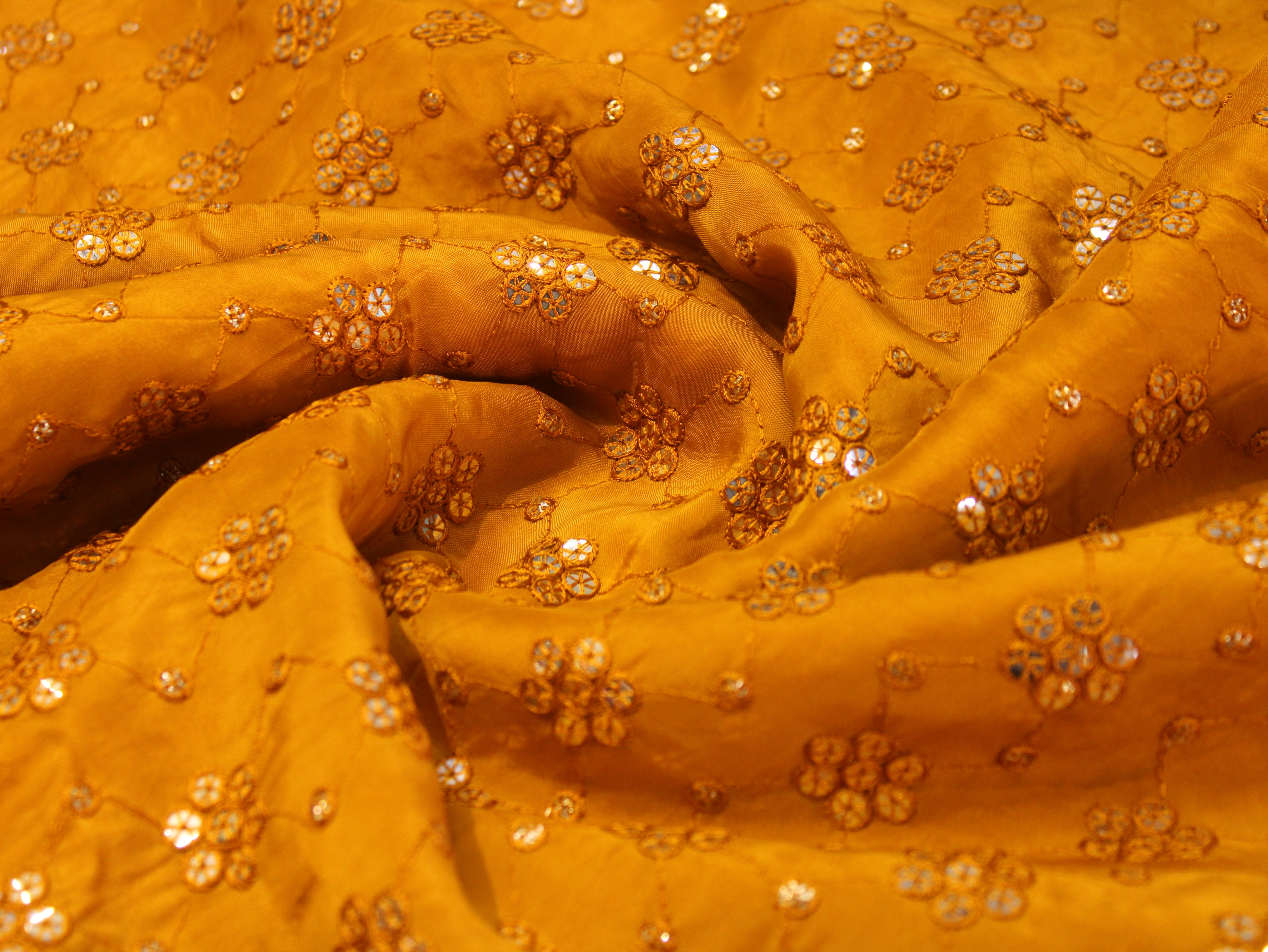 Upada Silk Thread & Mirror Work Fabric - Mustard Yellow