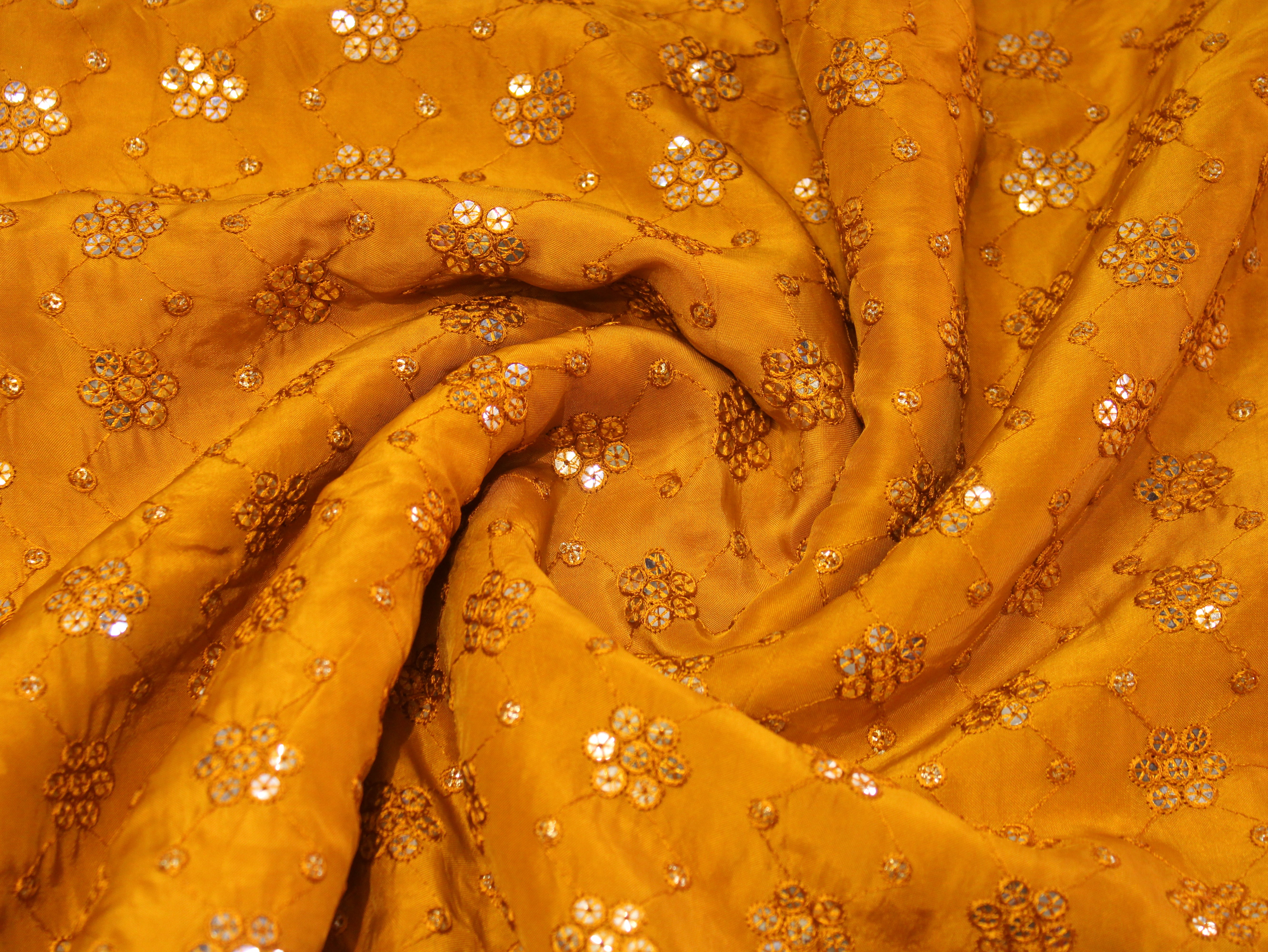 Upada Silk Thread & Mirror Work Fabric - Mustard Yellow