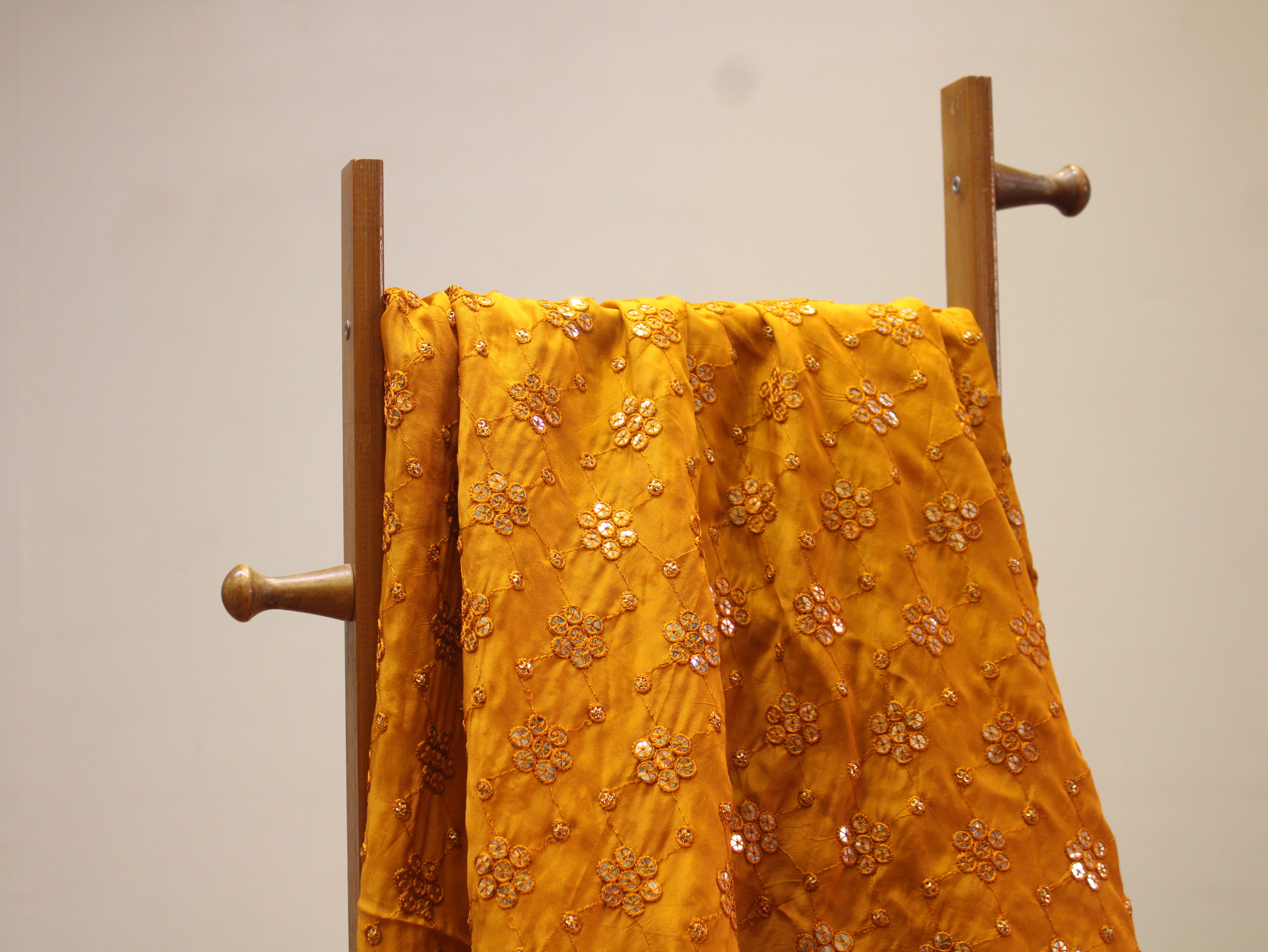 Upada Silk Thread & Mirror Work Fabric - Mustard Yellow