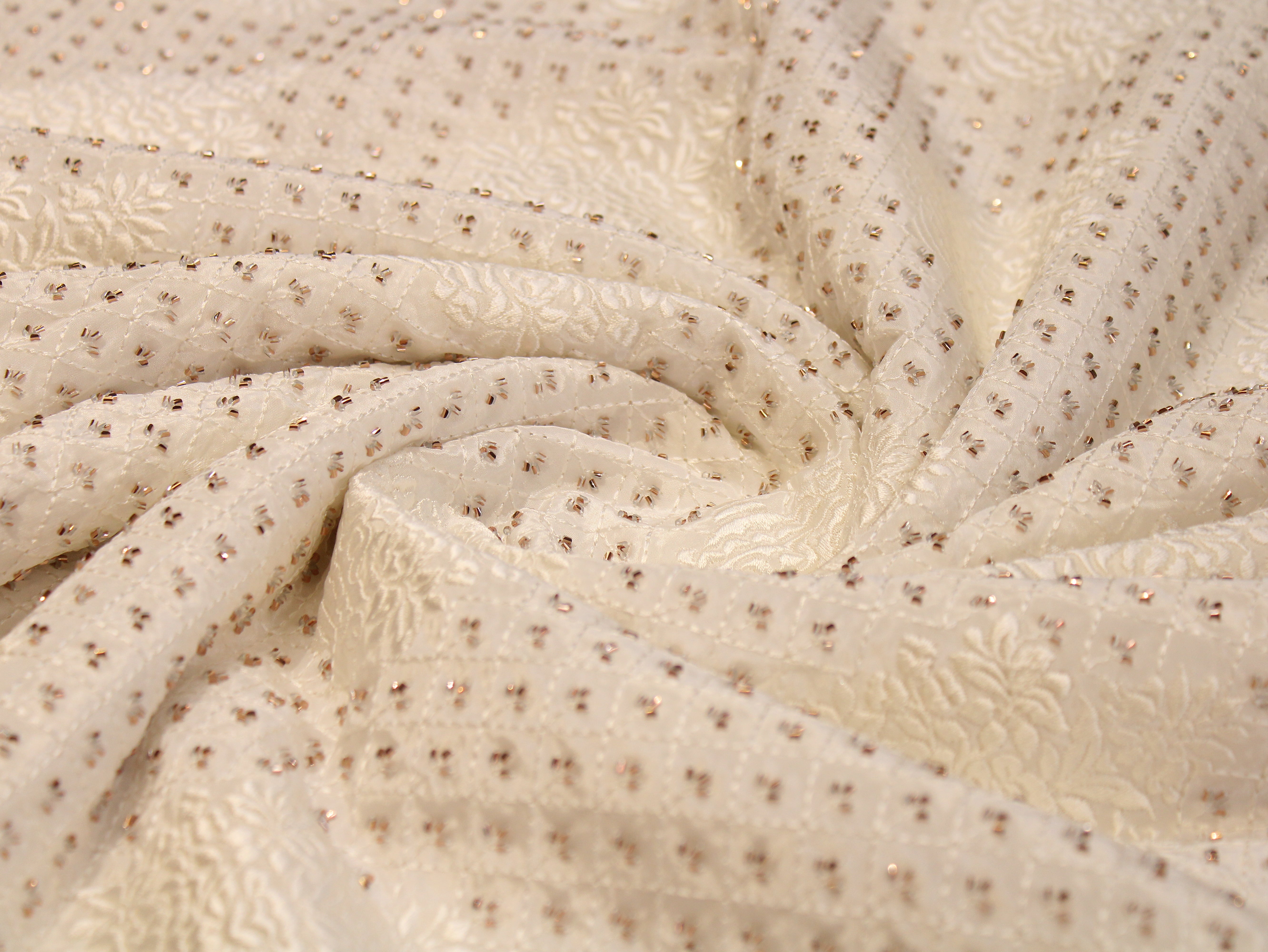 Natural Crepe Dyeable Fabric with Micro Semi-Beads & Embossed Thread Embroidery