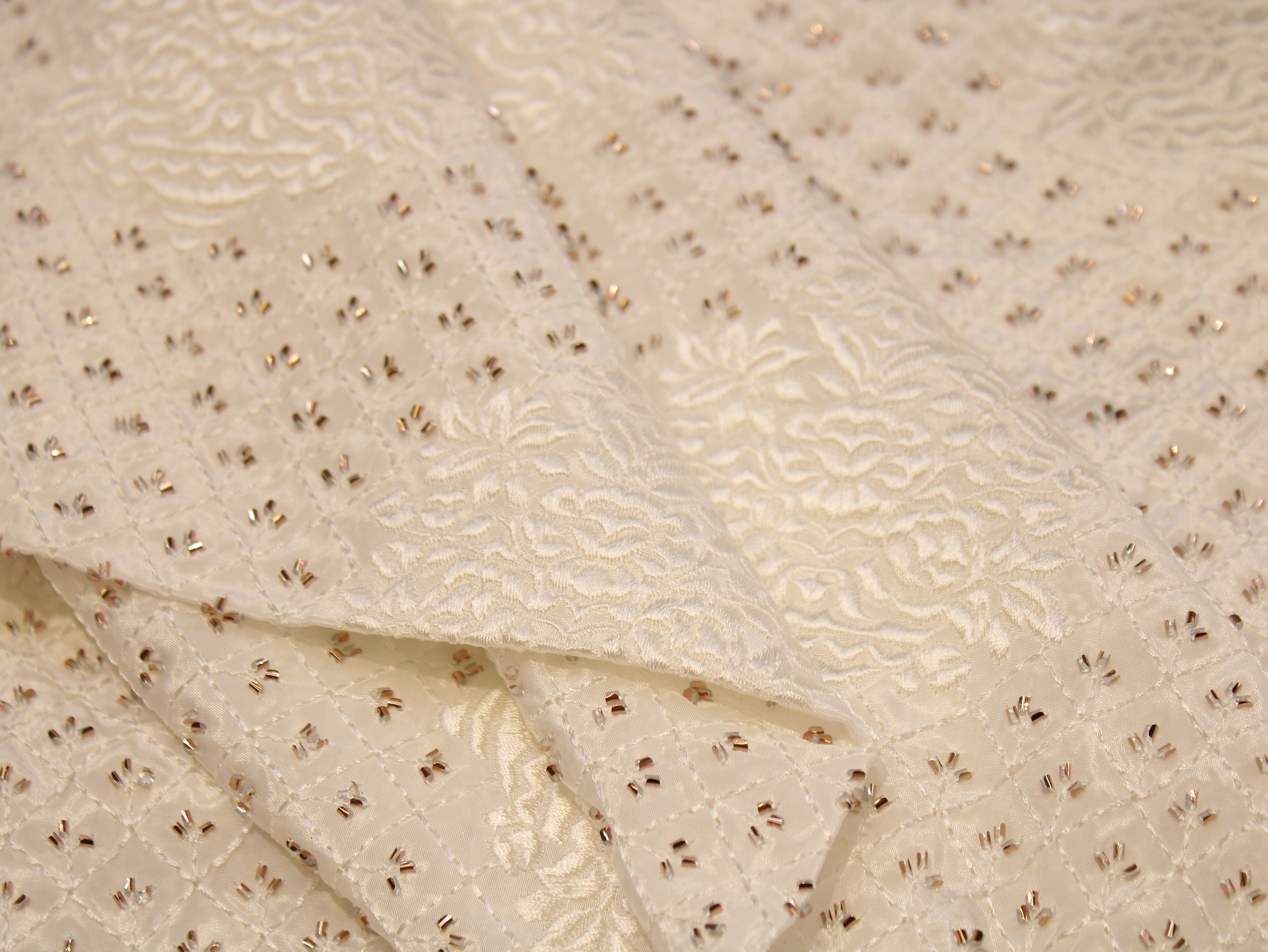 Natural Crepe Dyeable Fabric with Micro Semi-Beads & Embossed Thread Embroidery