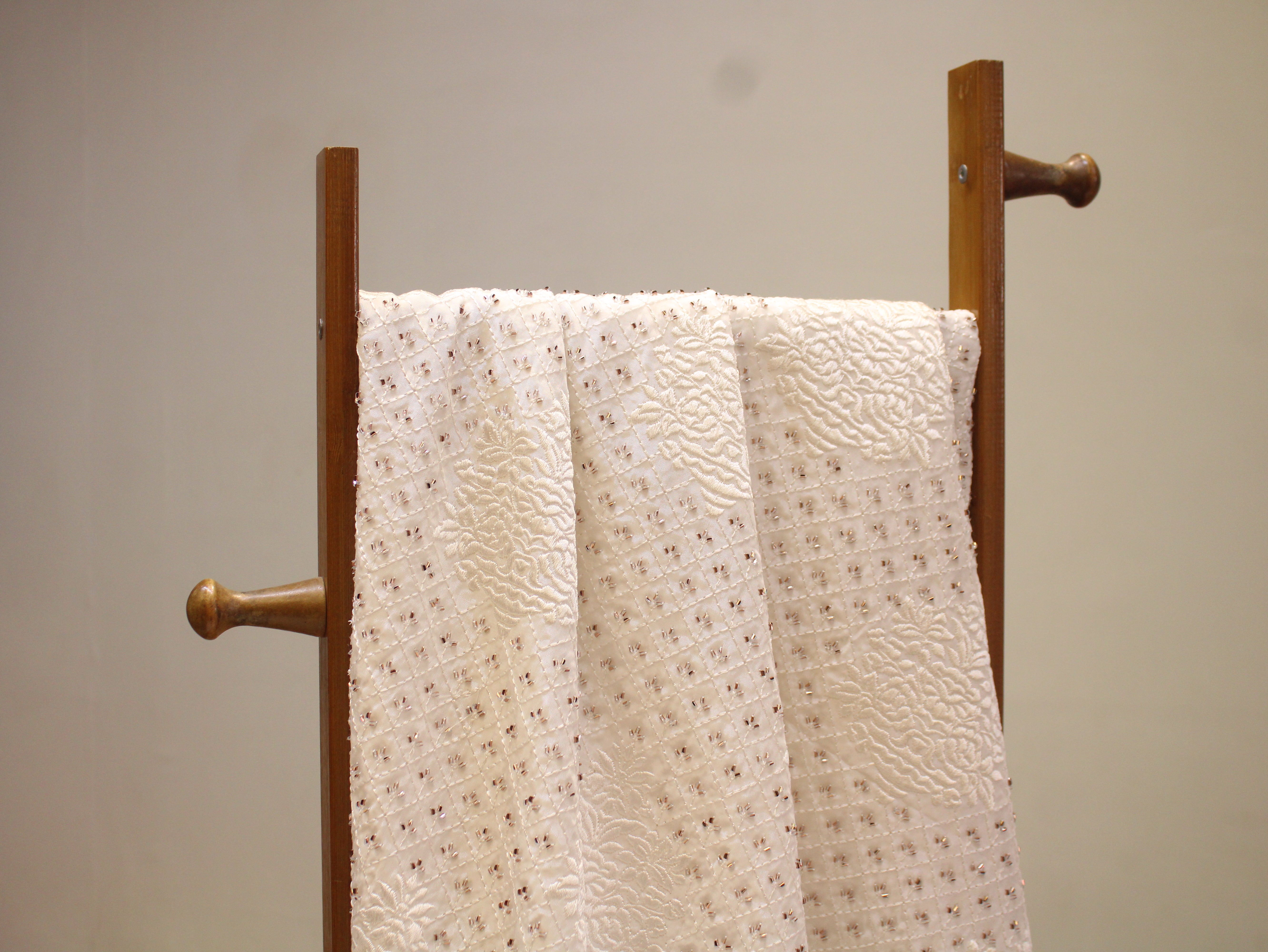 Natural Crepe Dyeable Fabric with Micro Semi-Beads & Embossed Thread Embroidery