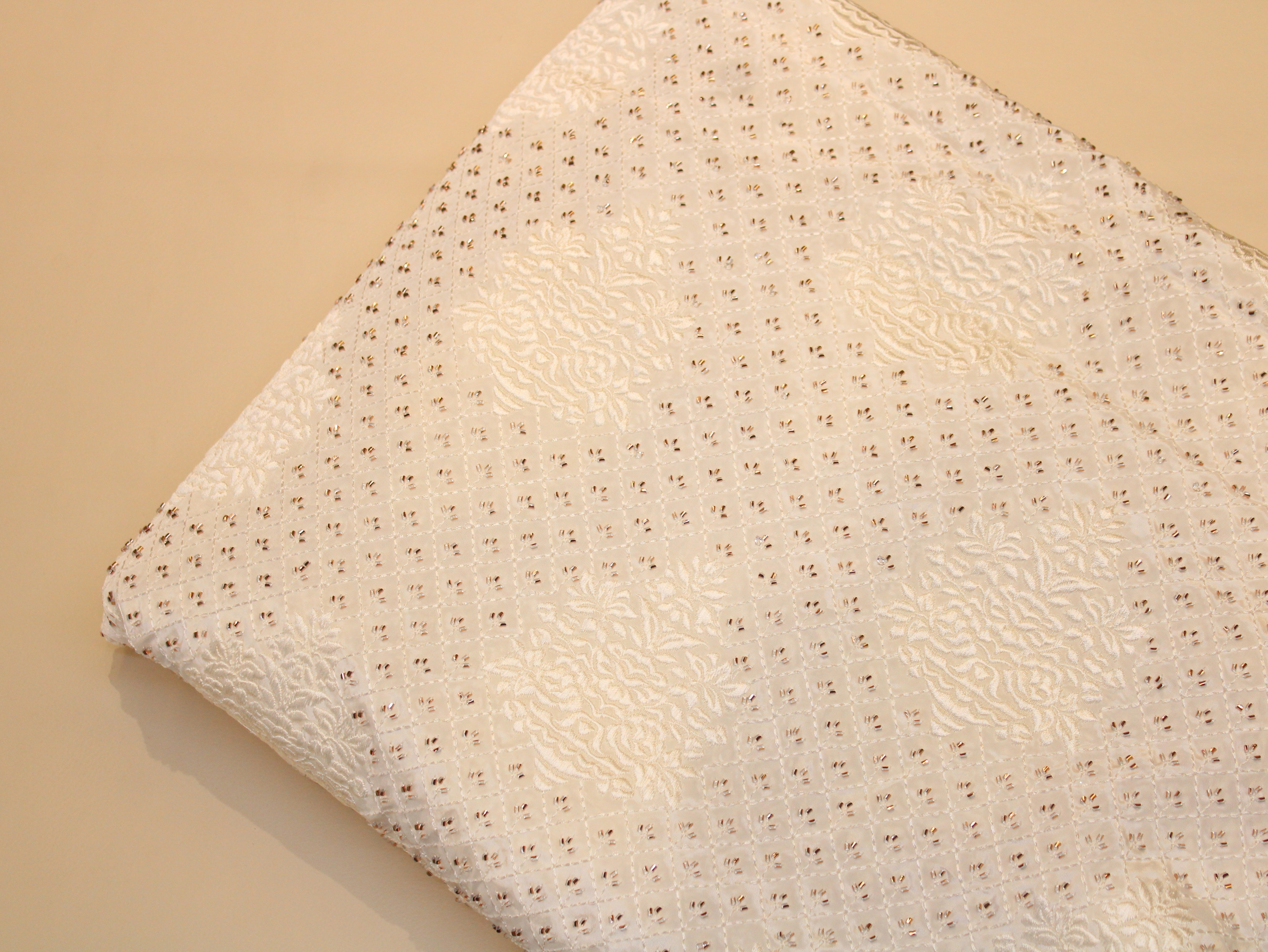 Natural Crepe Dyeable Fabric with Micro Semi-Beads & Embossed Thread Embroidery