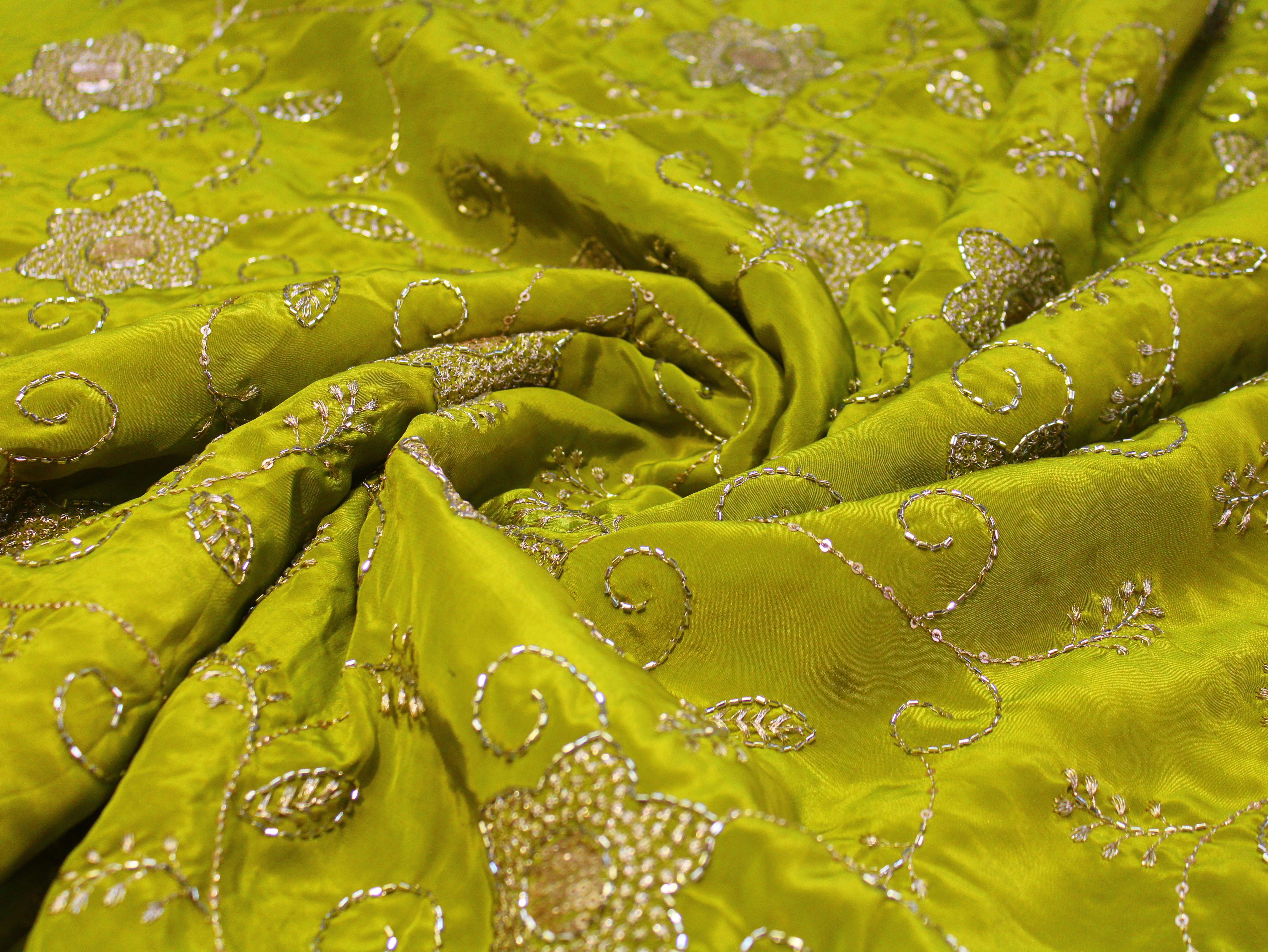 Natural Crepe Fabric with Semi Beads, Zari & Sequin Floral Work - Lime Green