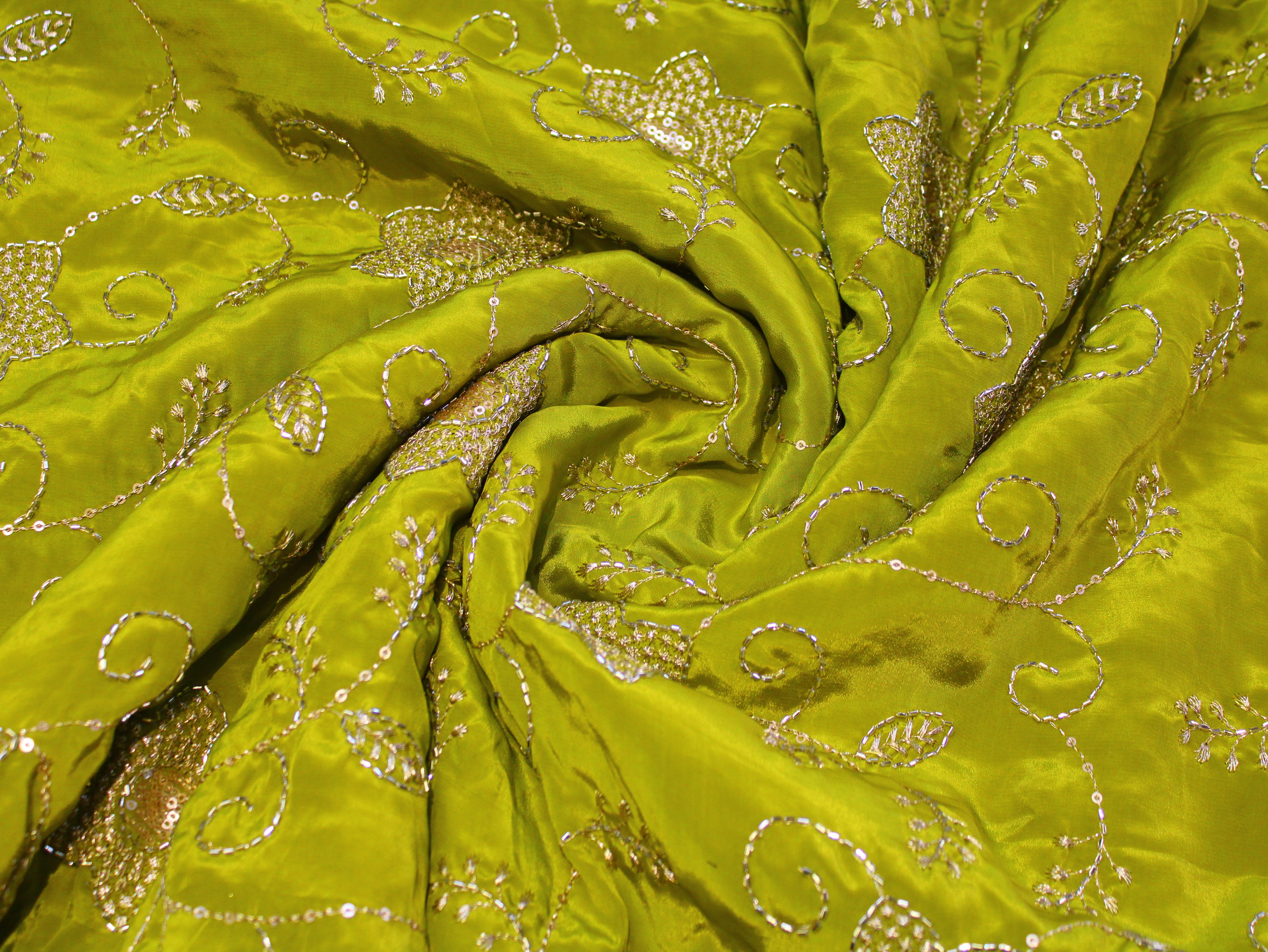 Natural Crepe Fabric with Semi Beads, Zari & Sequin Floral Work - Lime Green