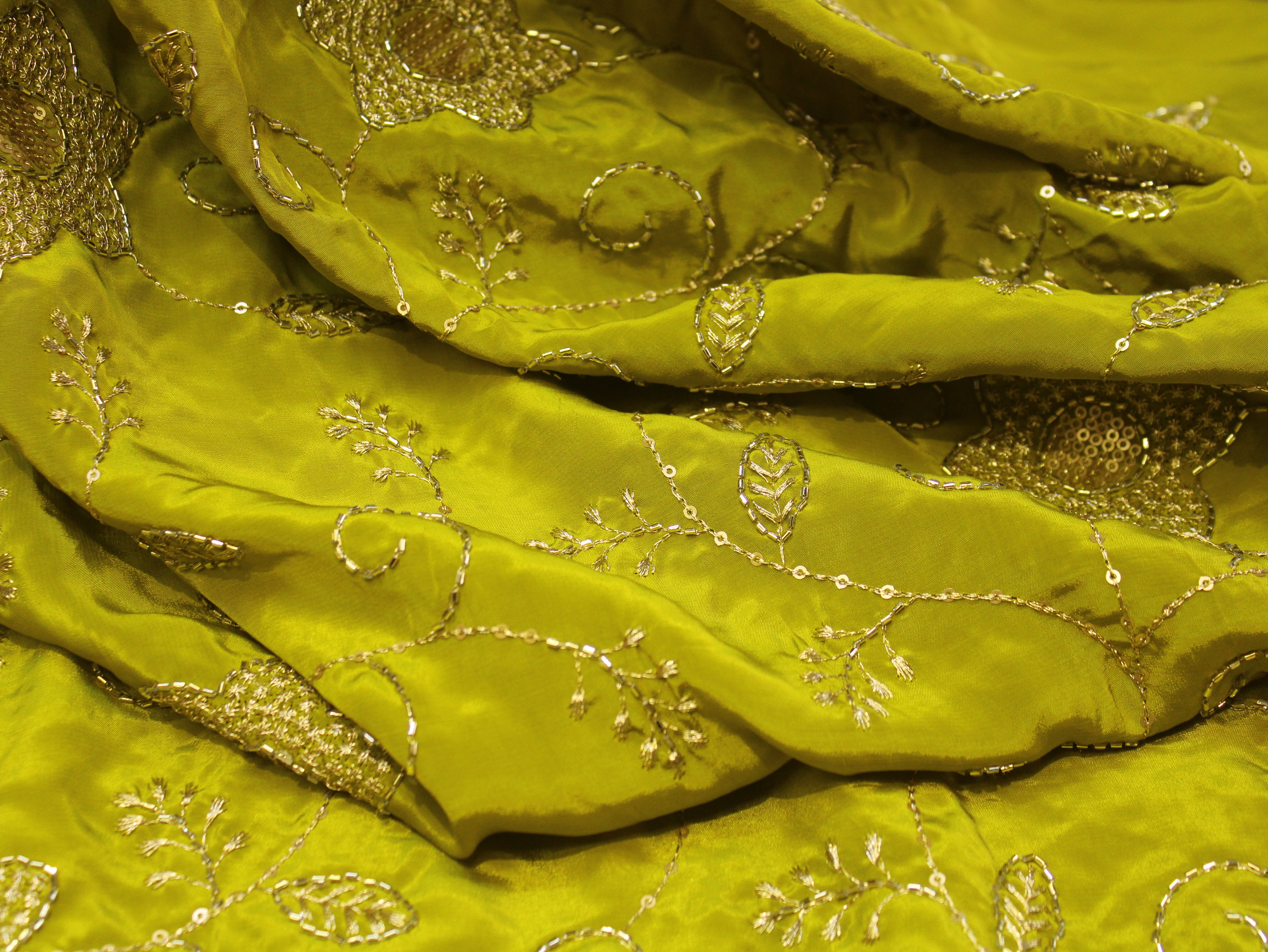 Natural Crepe Fabric with Semi Beads, Zari & Sequin Floral Work - Lime Green