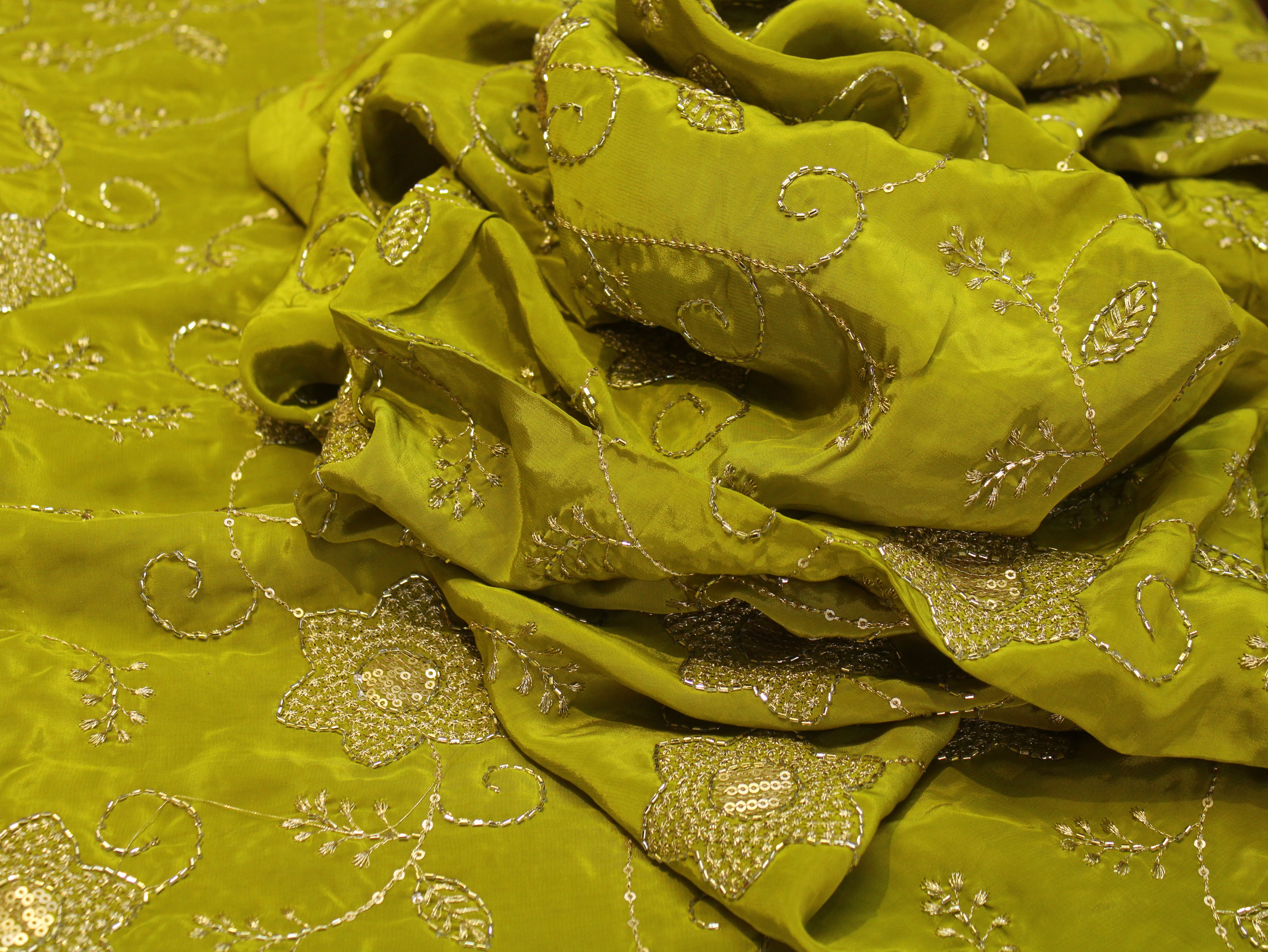 Natural Crepe Fabric with Semi Beads, Zari & Sequin Floral Work - Lime Green