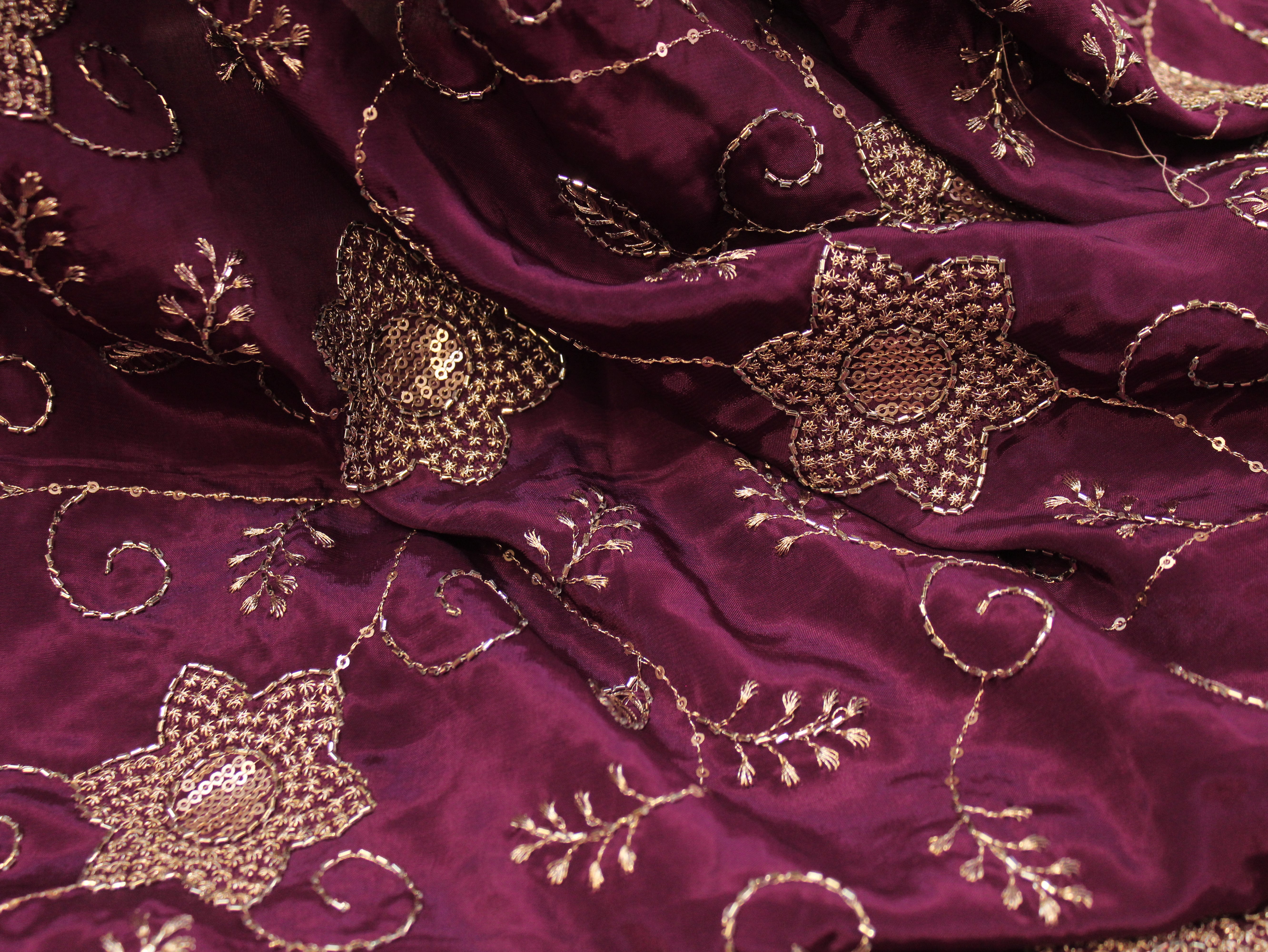 Natural Crepe Fabric with Semi Beads, Zari & Sequin Floral Work - Wine
