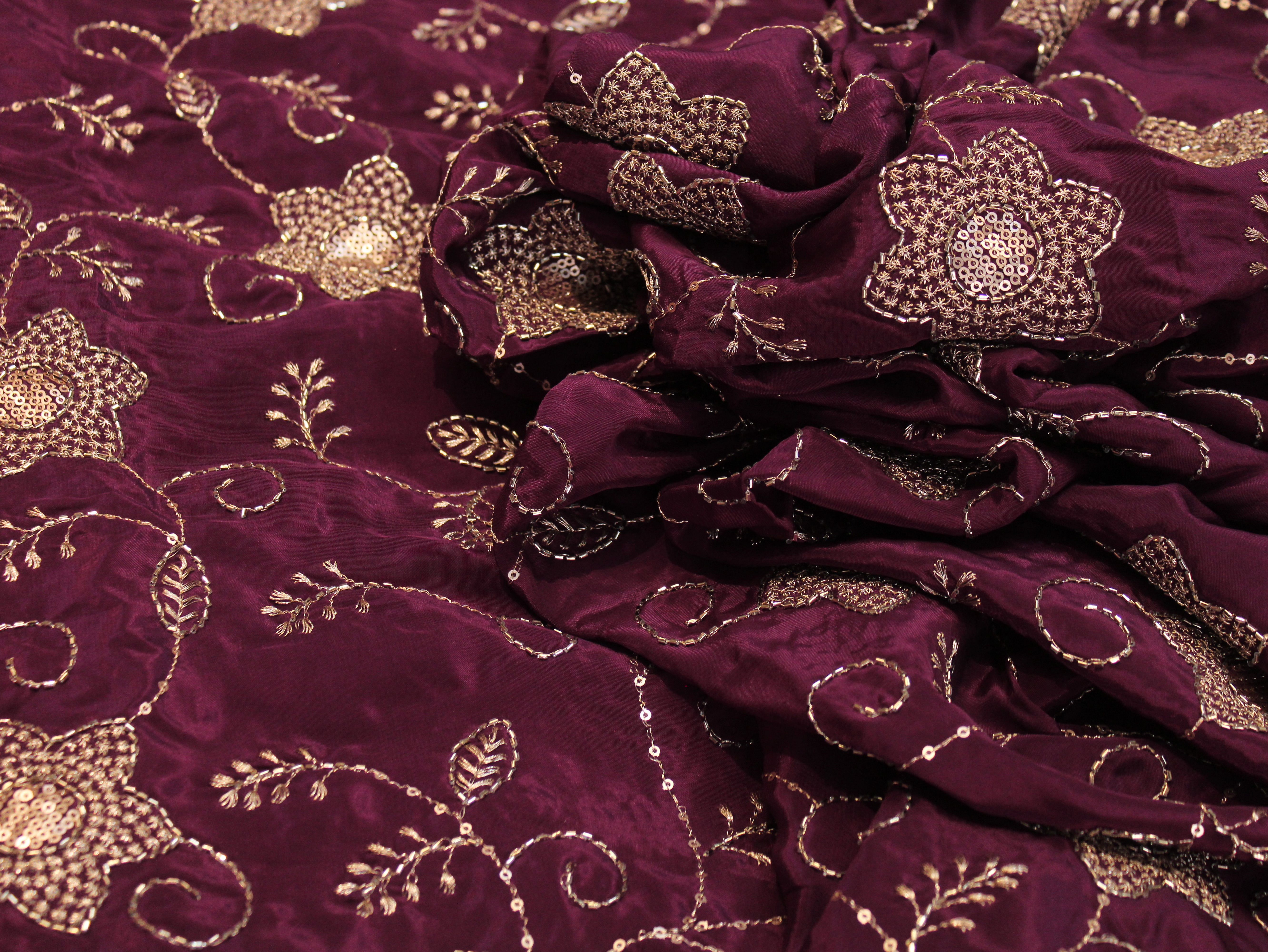 Natural Crepe Fabric with Semi Beads, Zari & Sequin Floral Work - Wine