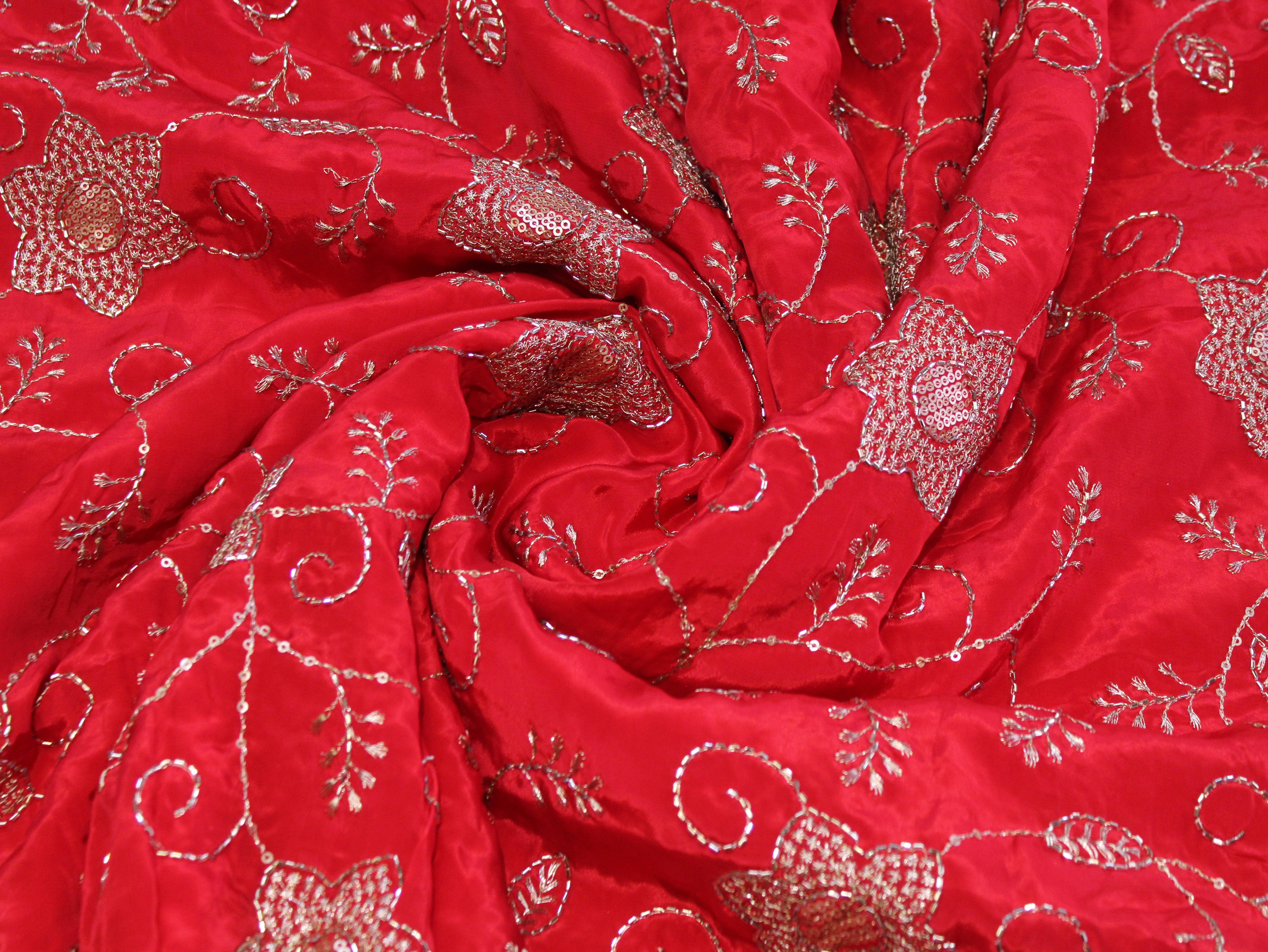 Natural Crepe Fabric with Semi Beads, Zari & Sequin Floral Work - Red