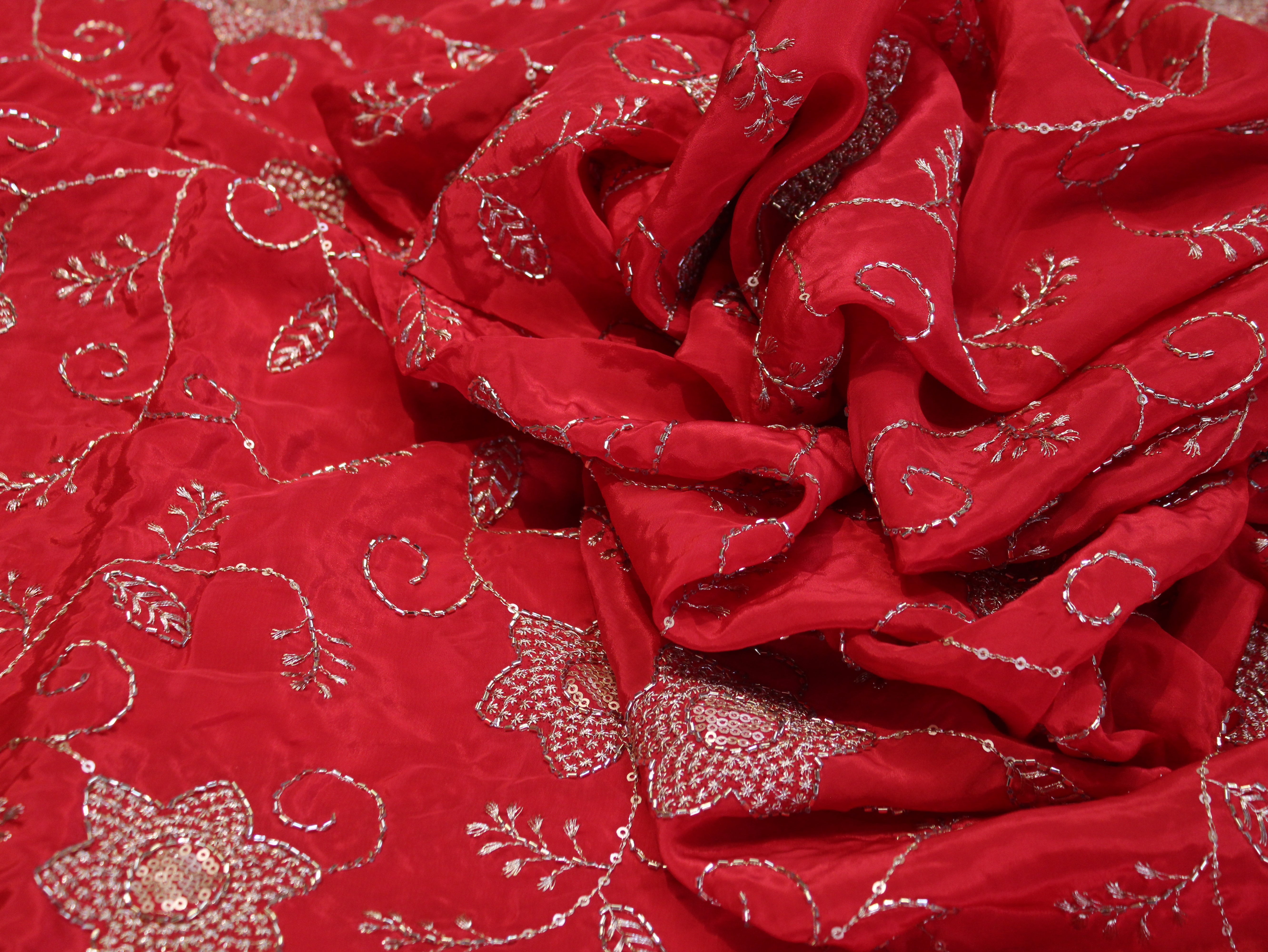 Natural Crepe Fabric with Semi Beads, Zari & Sequin Floral Work - Red