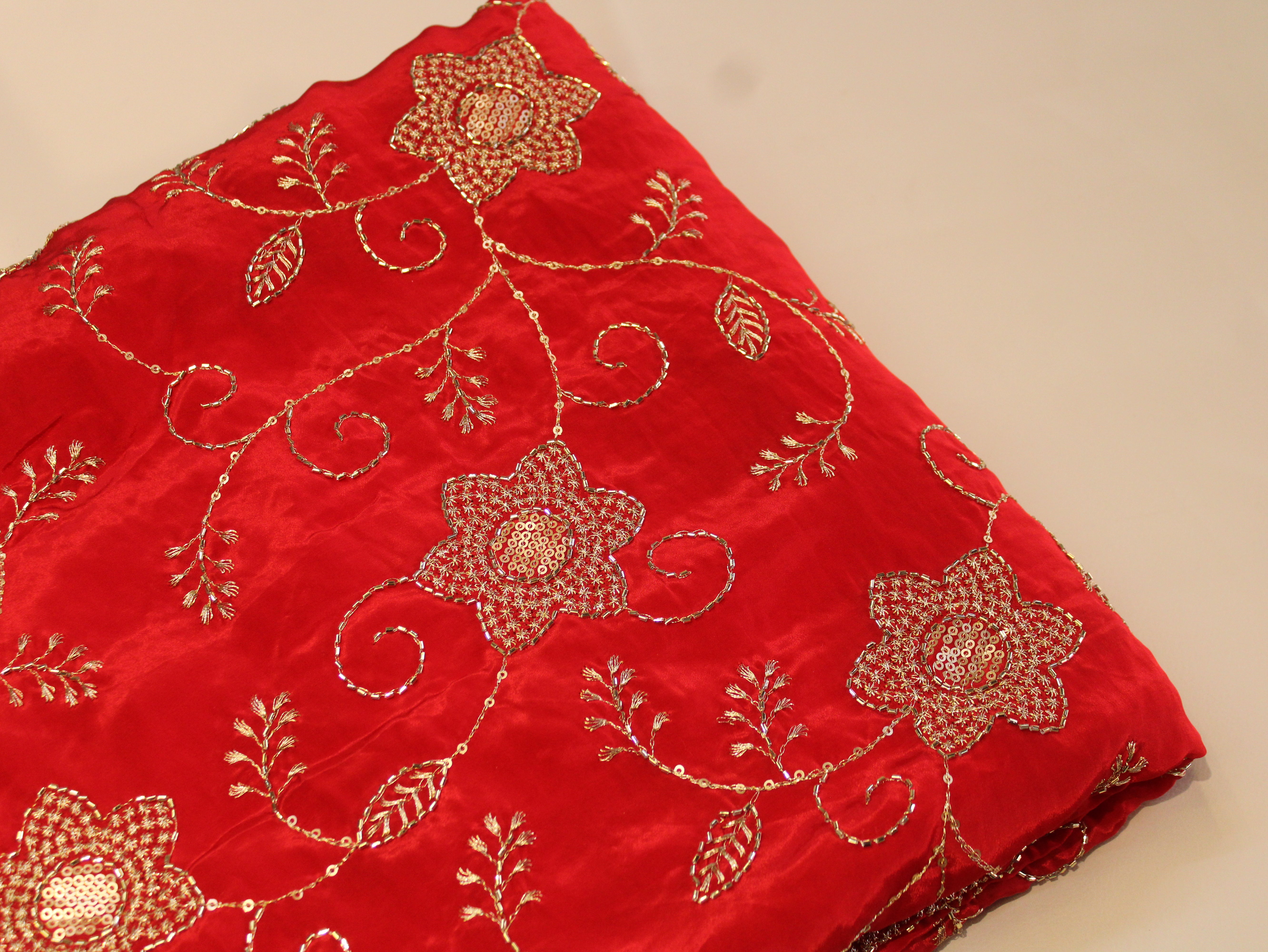 Natural Crepe Fabric with Semi Beads, Zari & Sequin Floral Work - Red