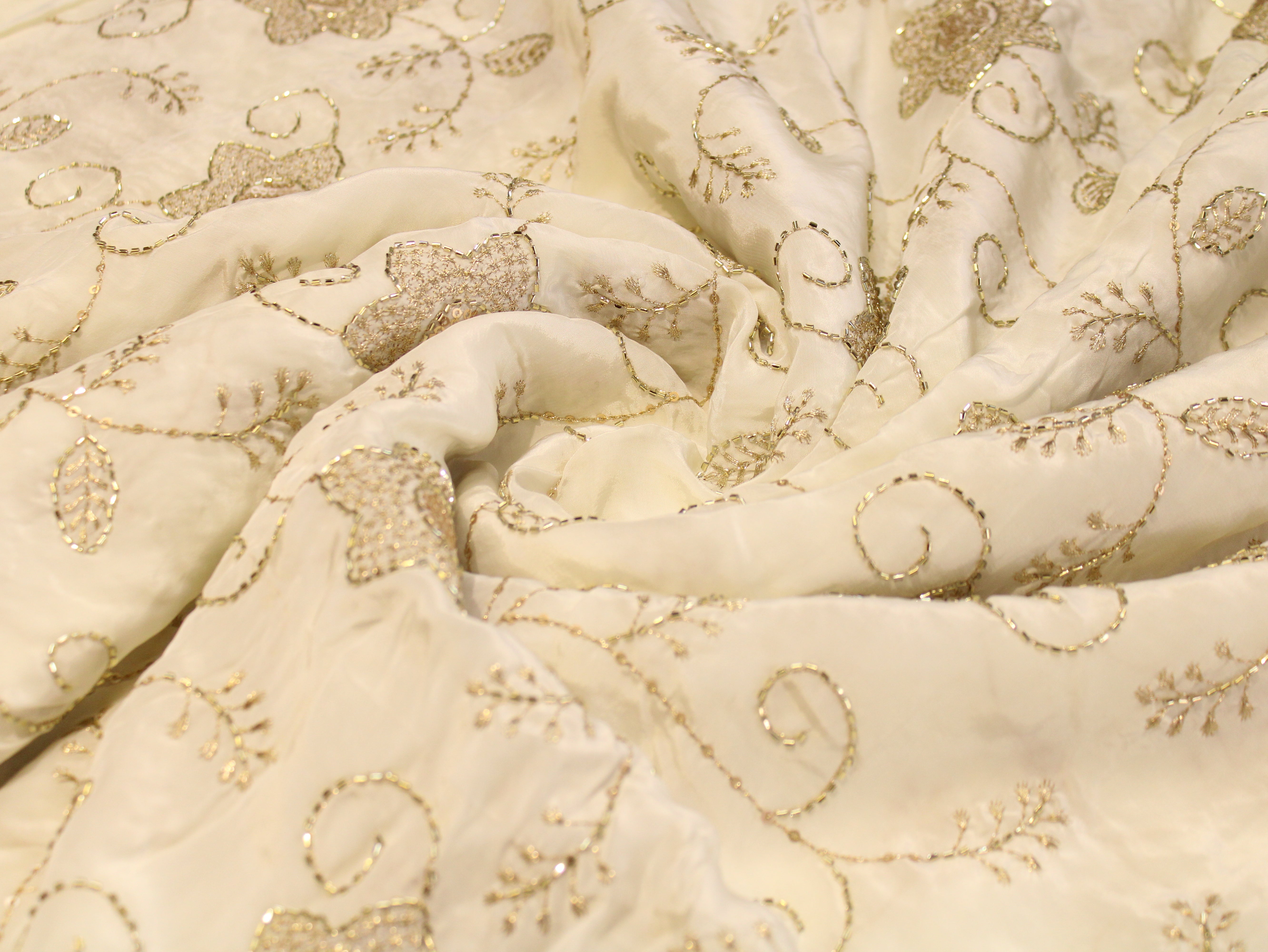 Natural Crepe Fabric with Semi Beads, Zari & Sequin Floral Work - Off White