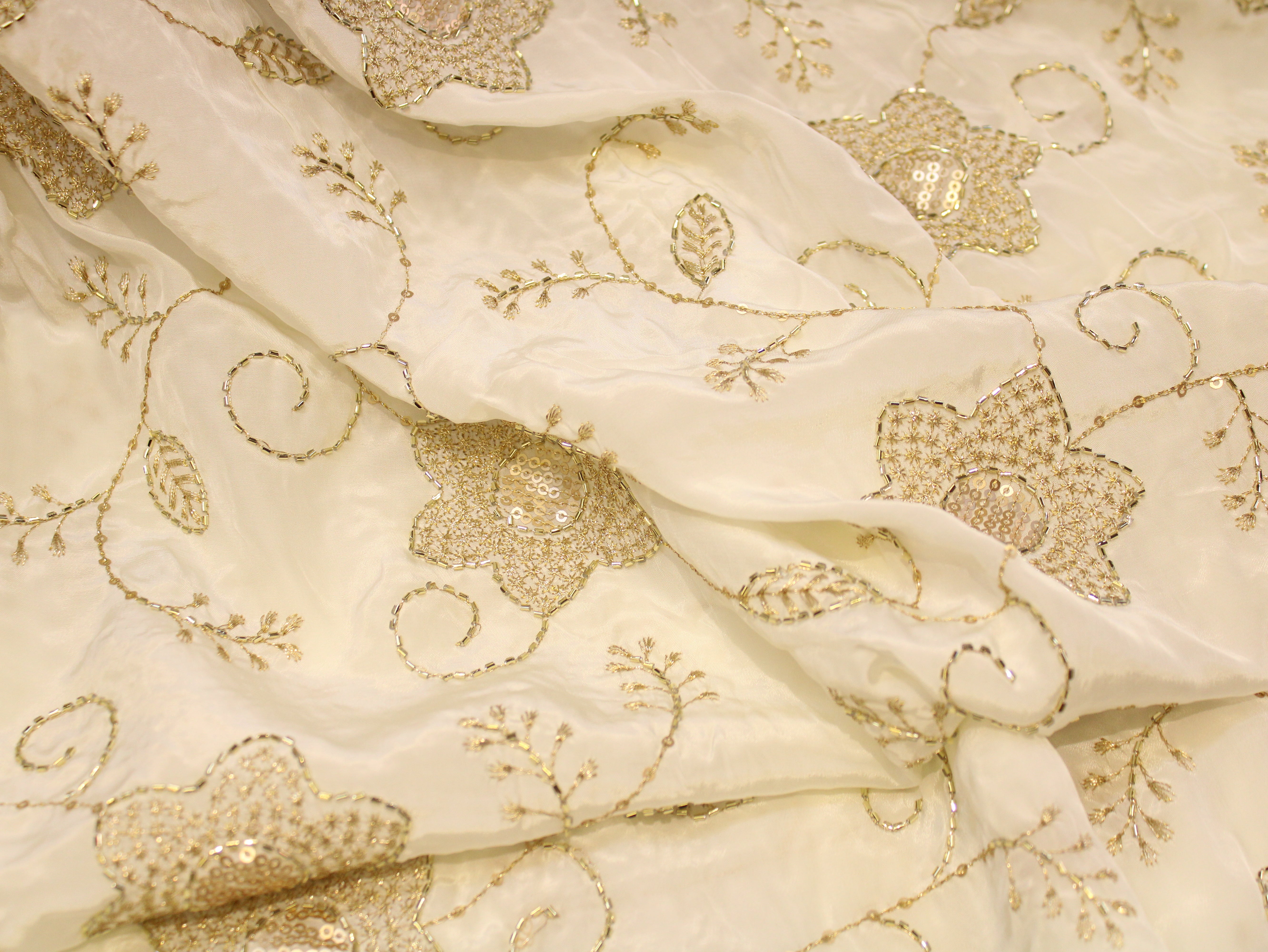 Natural Crepe Fabric with Semi Beads, Zari & Sequin Floral Work - Off White