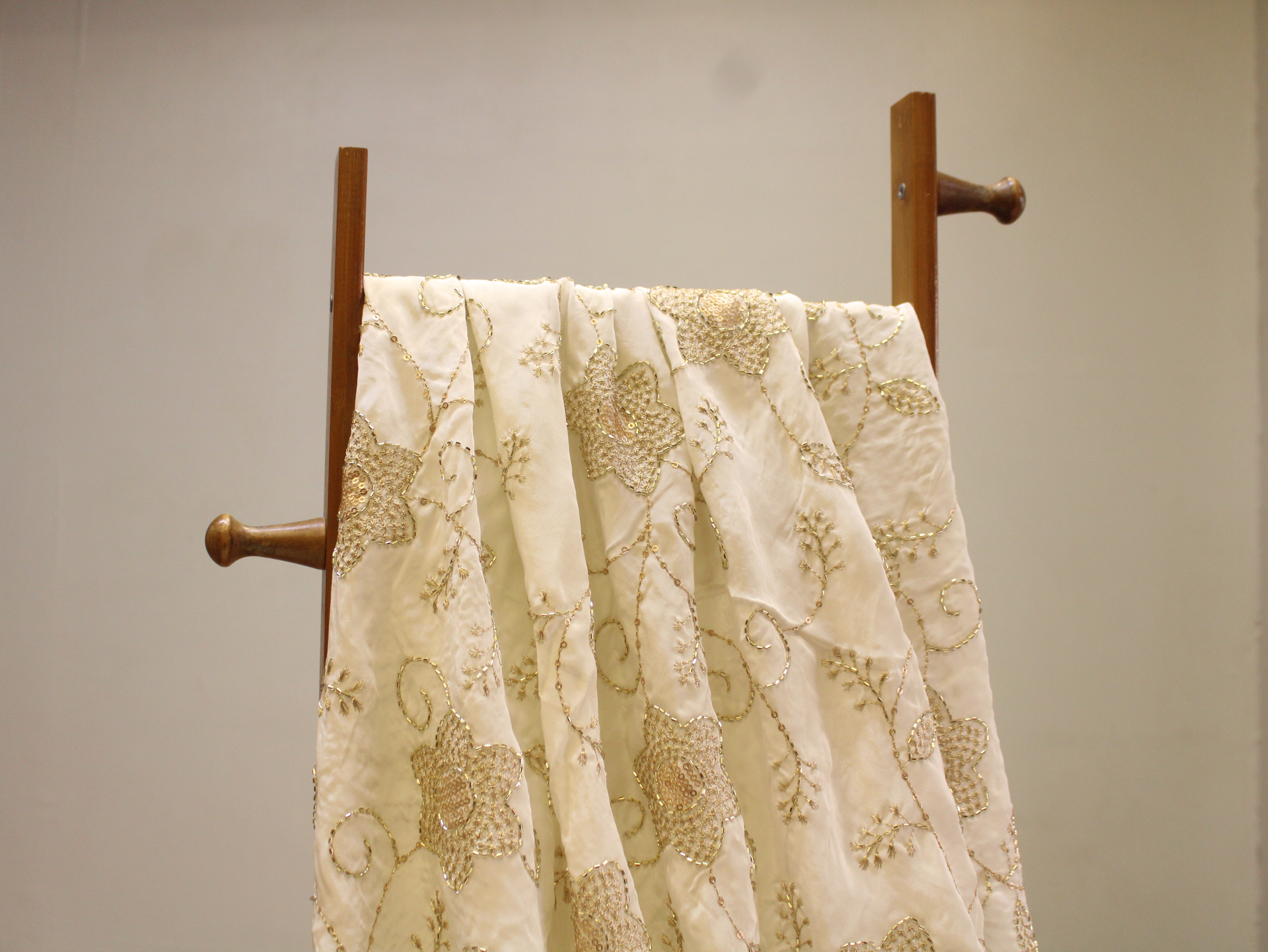 Natural Crepe Fabric with Semi Beads, Zari & Sequin Floral Work - Off White