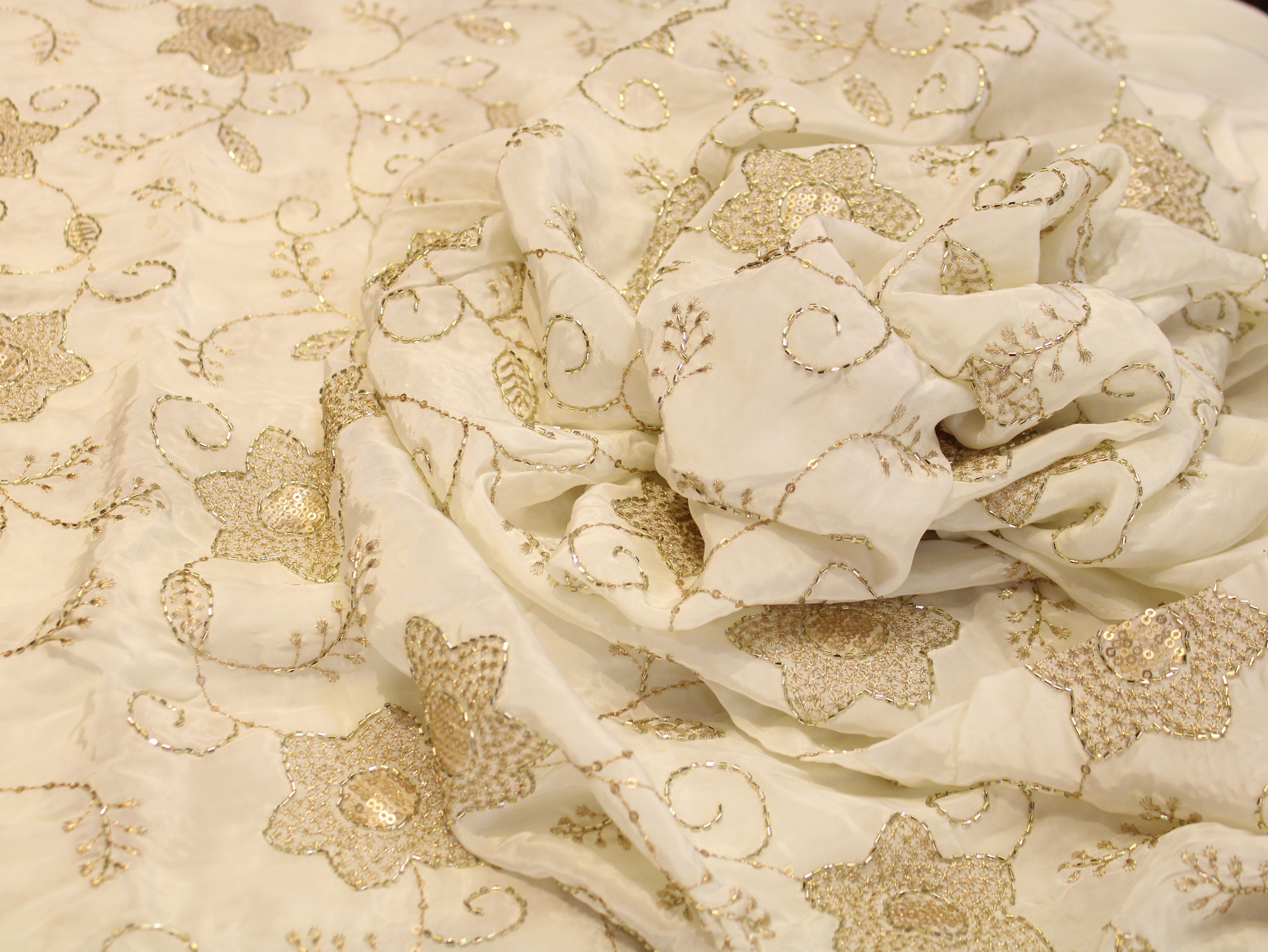Natural Crepe Fabric with Semi Beads, Zari & Sequin Floral Work - Off White