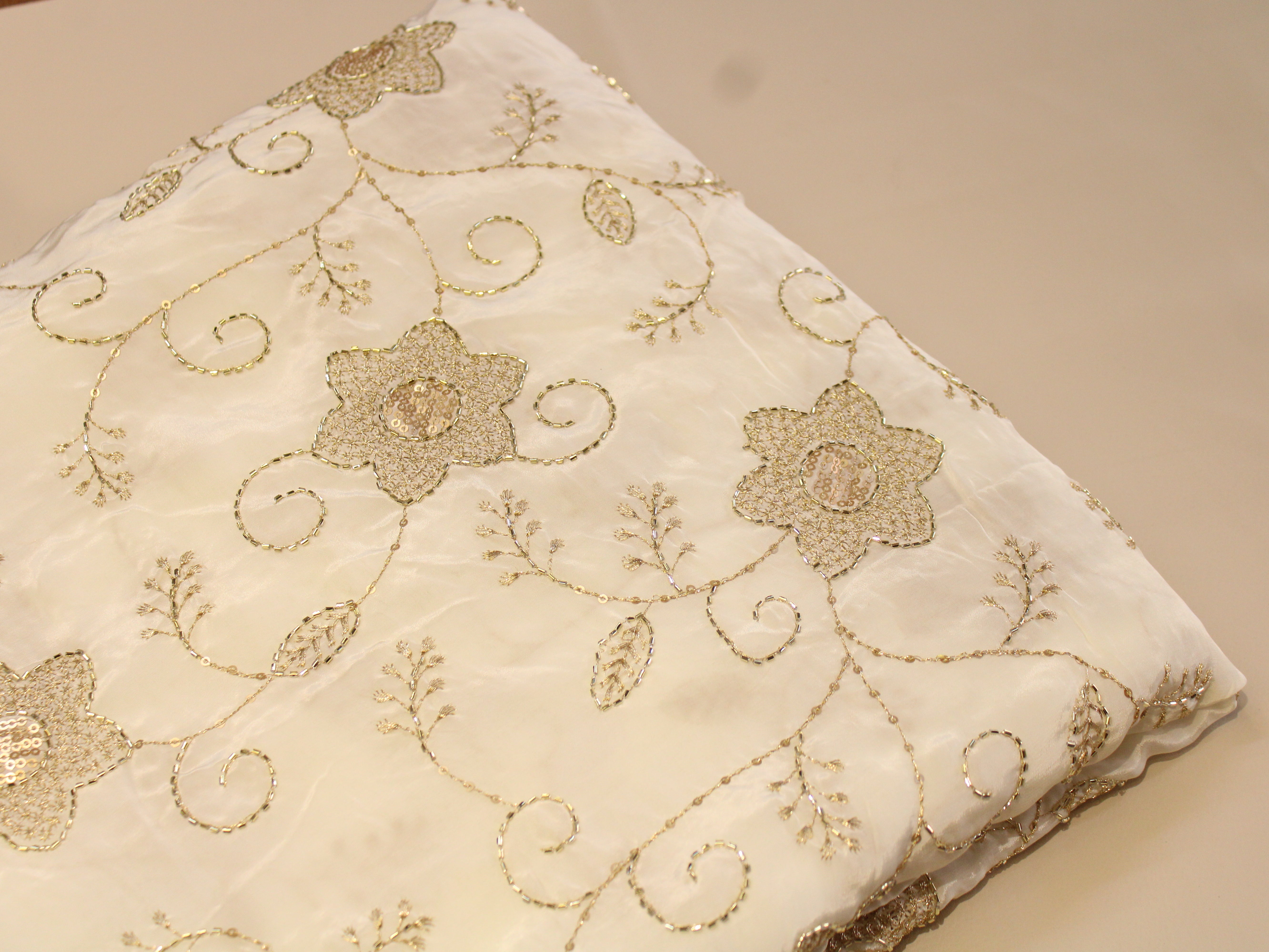 Natural Crepe Fabric with Semi Beads, Zari & Sequin Floral Work - Off White
