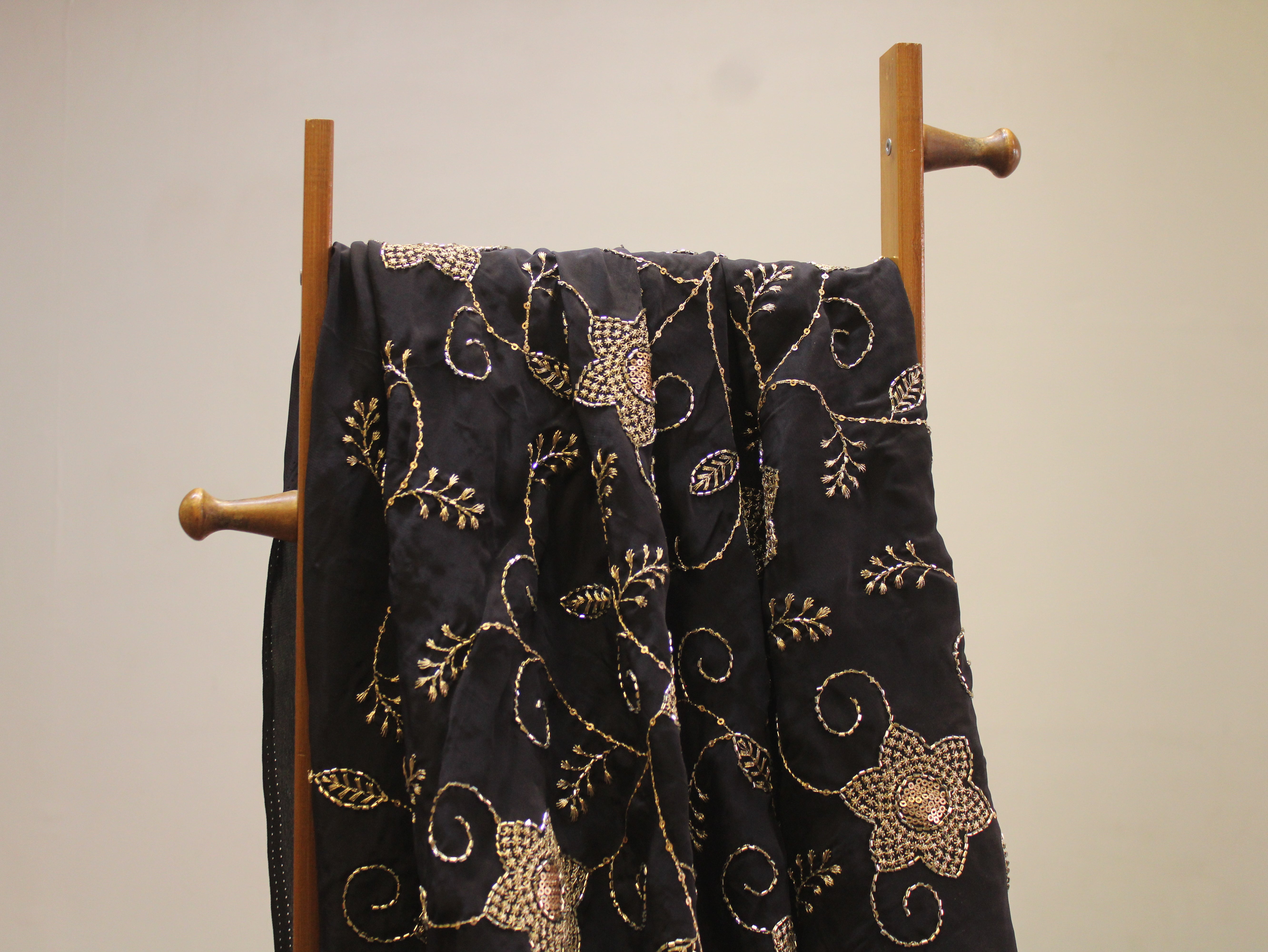 Natural Crepe Fabric with Semi Beads, Zari & Sequin Floral Work - Black