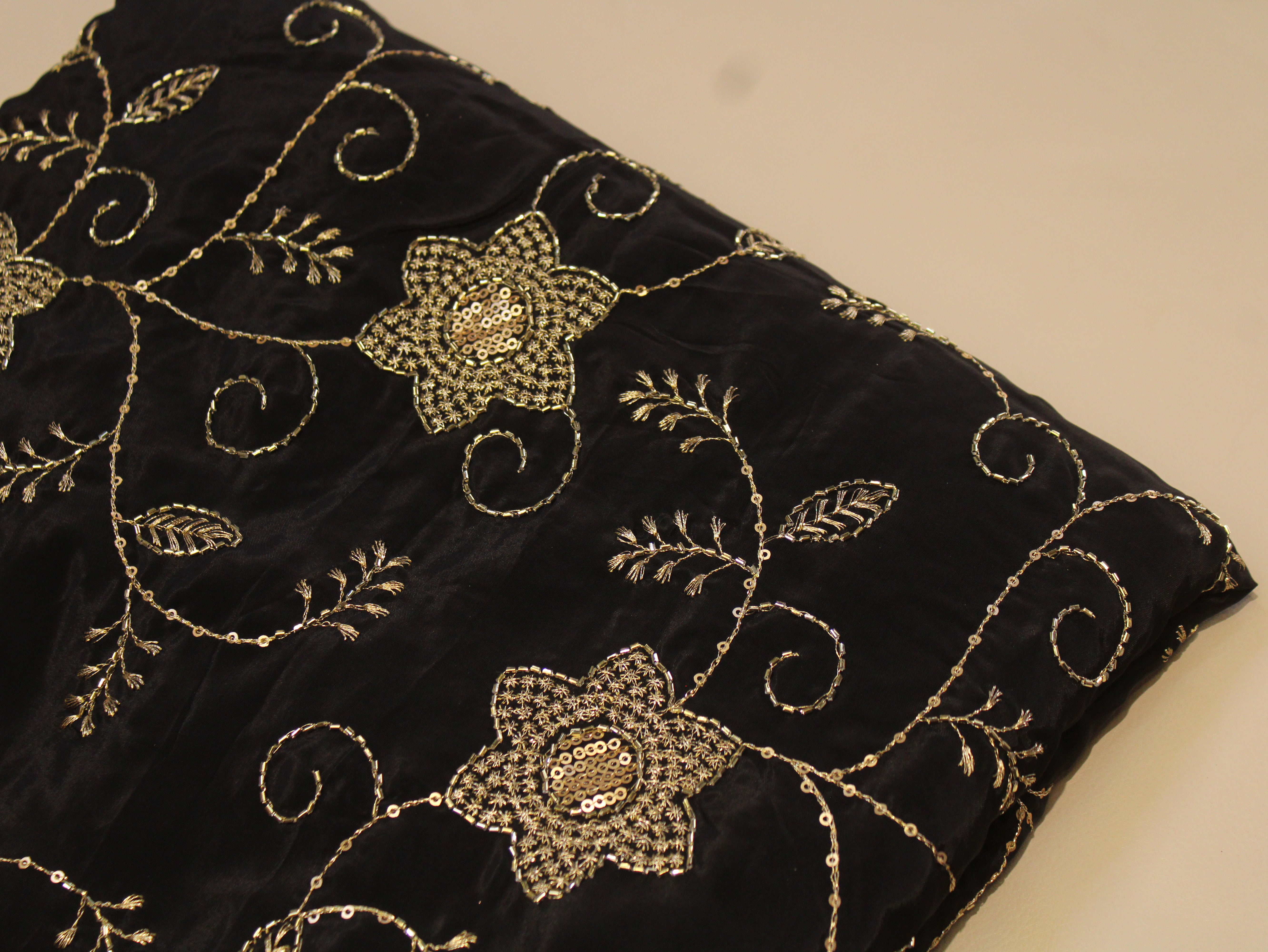 Natural Crepe Fabric with Semi Beads, Zari & Sequin Floral Work - Black