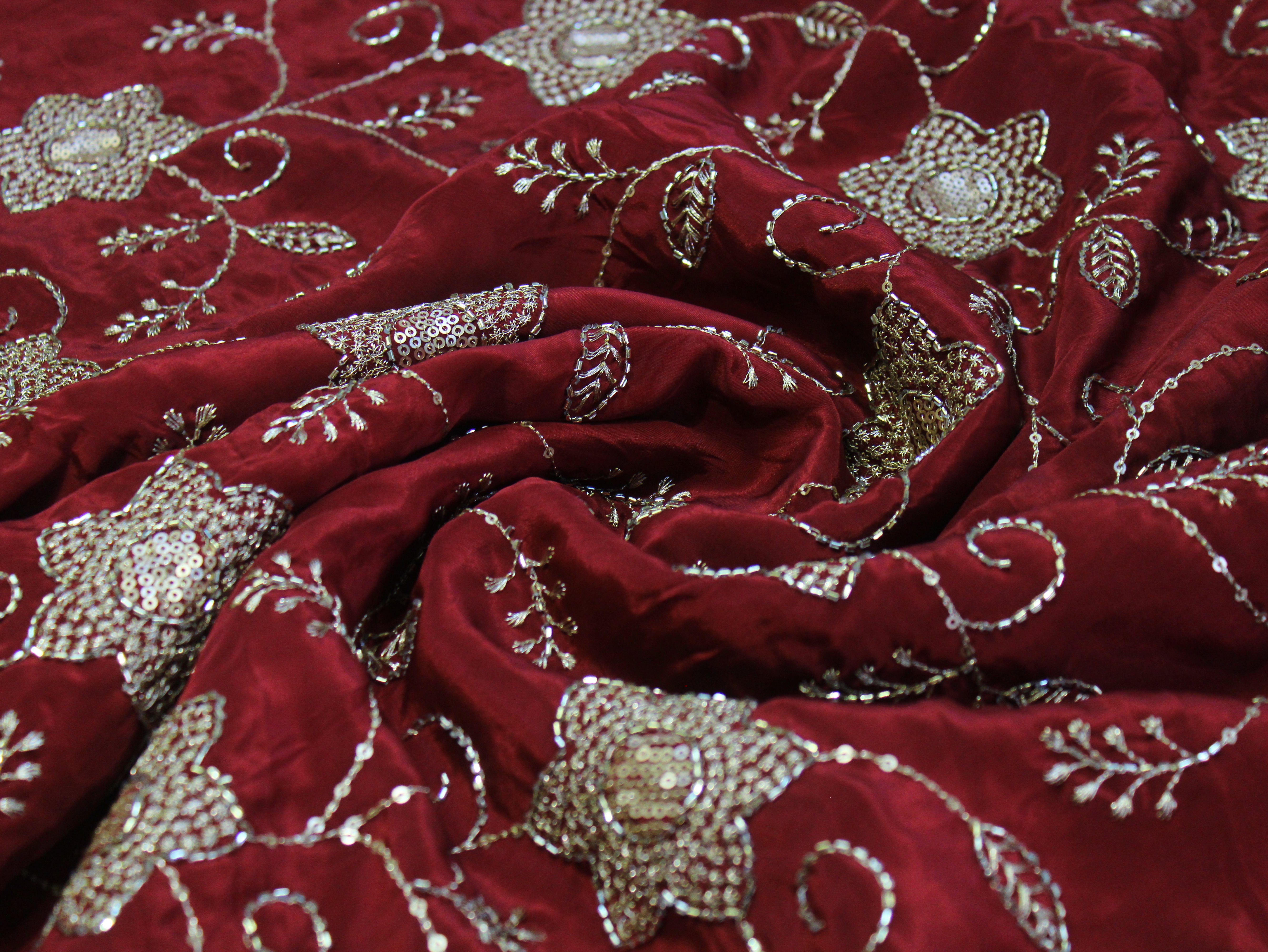Natural Crepe Fabric with Semi Beads, Zari & Sequin Floral Work - Maroon
